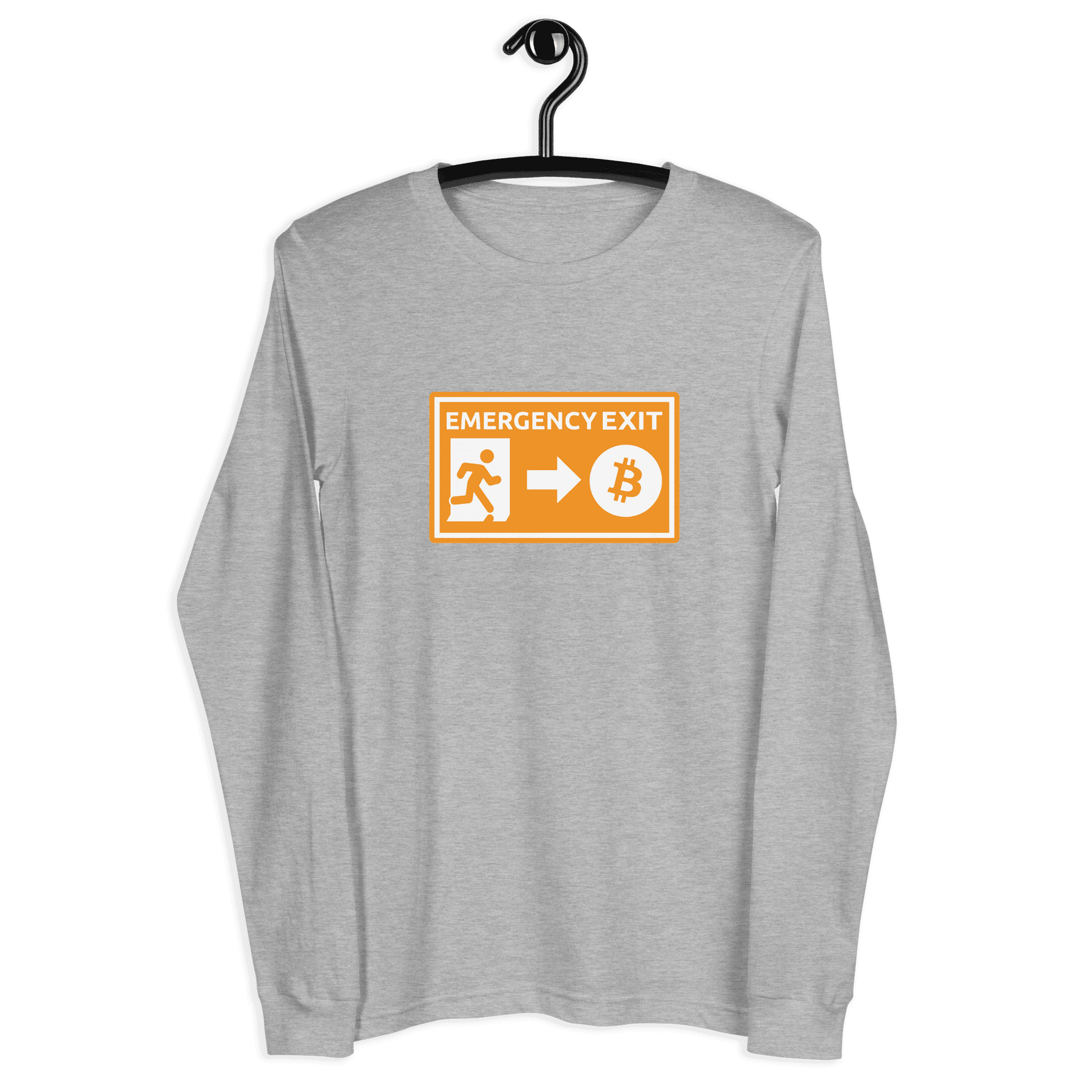 Front view of a athlethic heather colored bitcoin long sleeve tee.