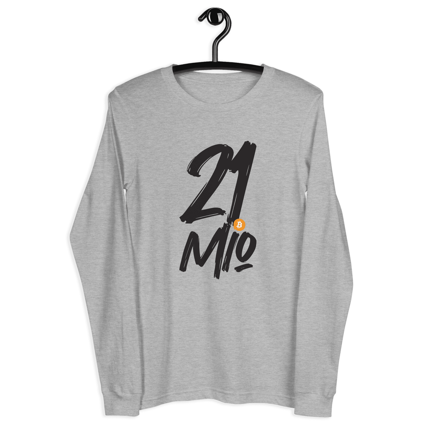 Front view of a athletic heather colored bitcoin long sleeve tee.