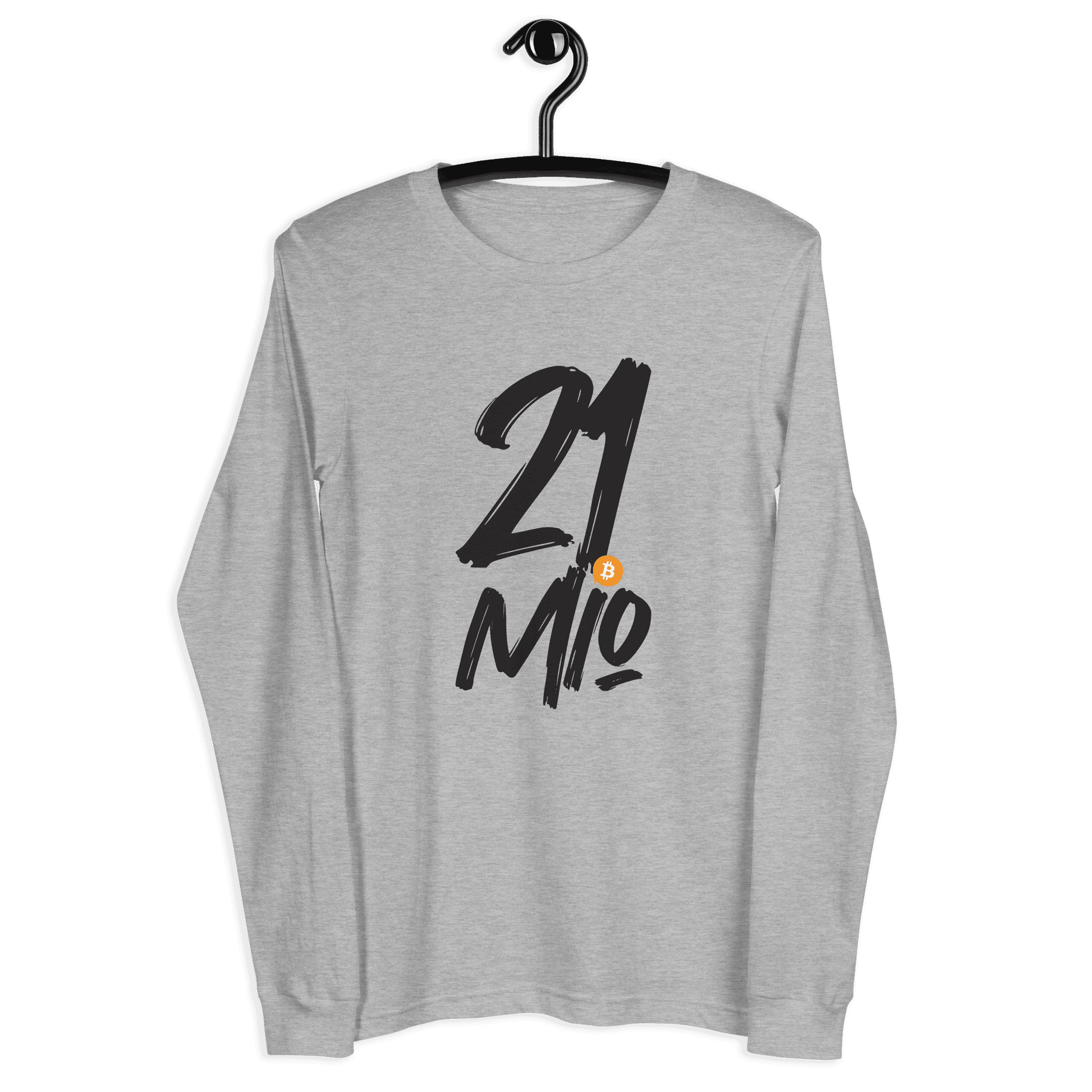 Front view of a athletic heather colored bitcoin long sleeve tee.