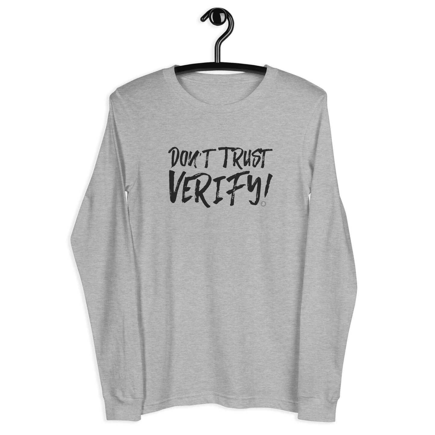 Front view of a athletic heather colored bitcoin long sleeve tee.