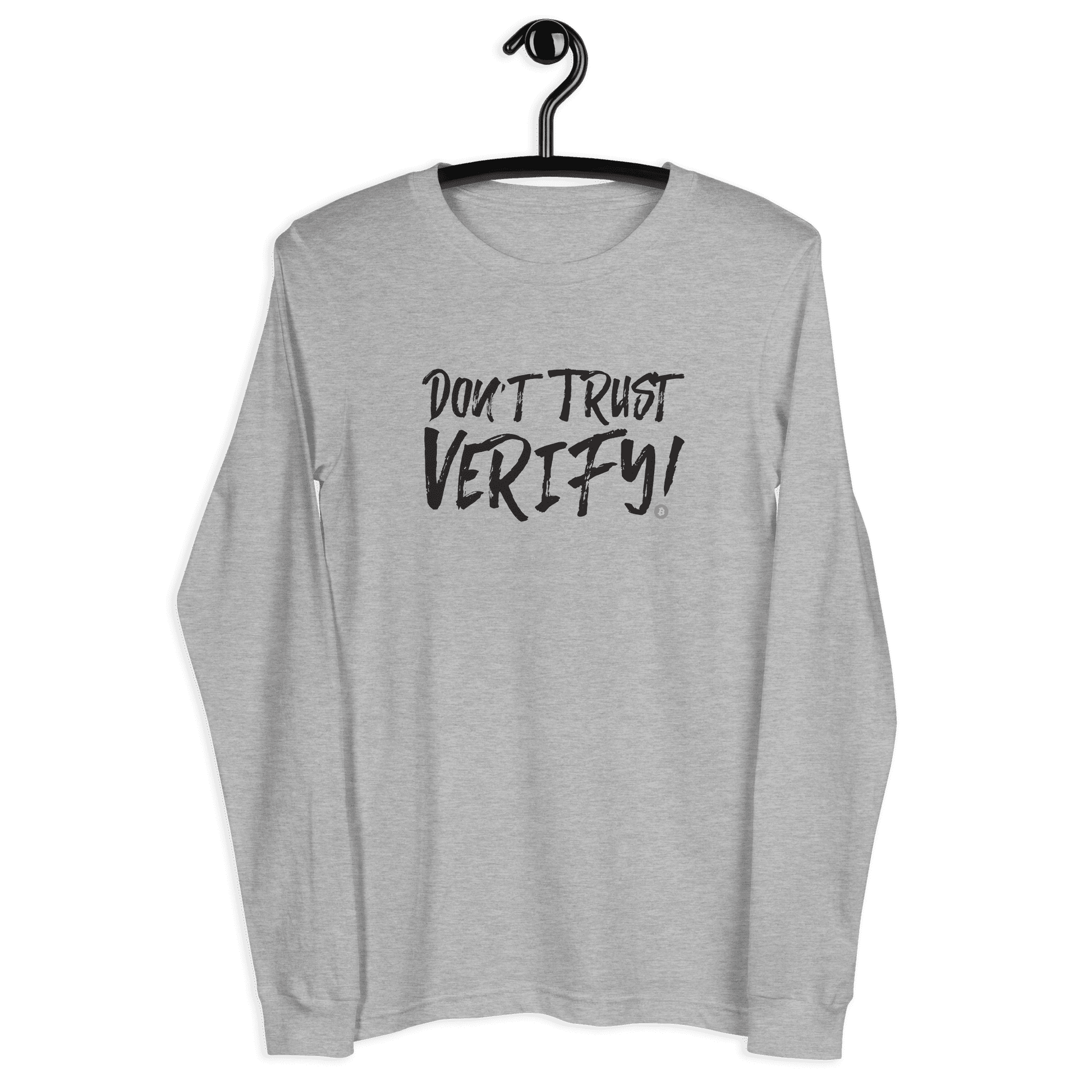 Front view of a athletic heather colored bitcoin long sleeve tee.