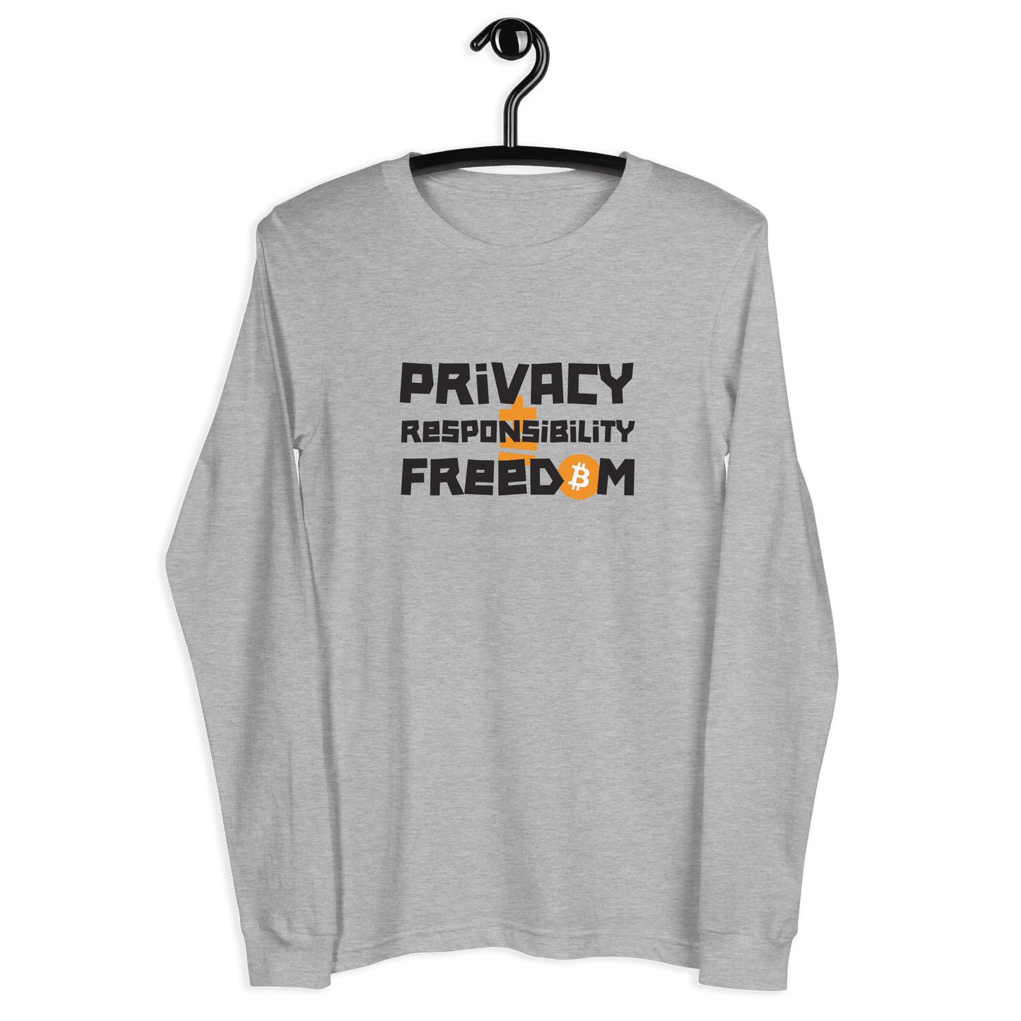 Front view of a athletic heather colored bitcoin long sleeve tee.