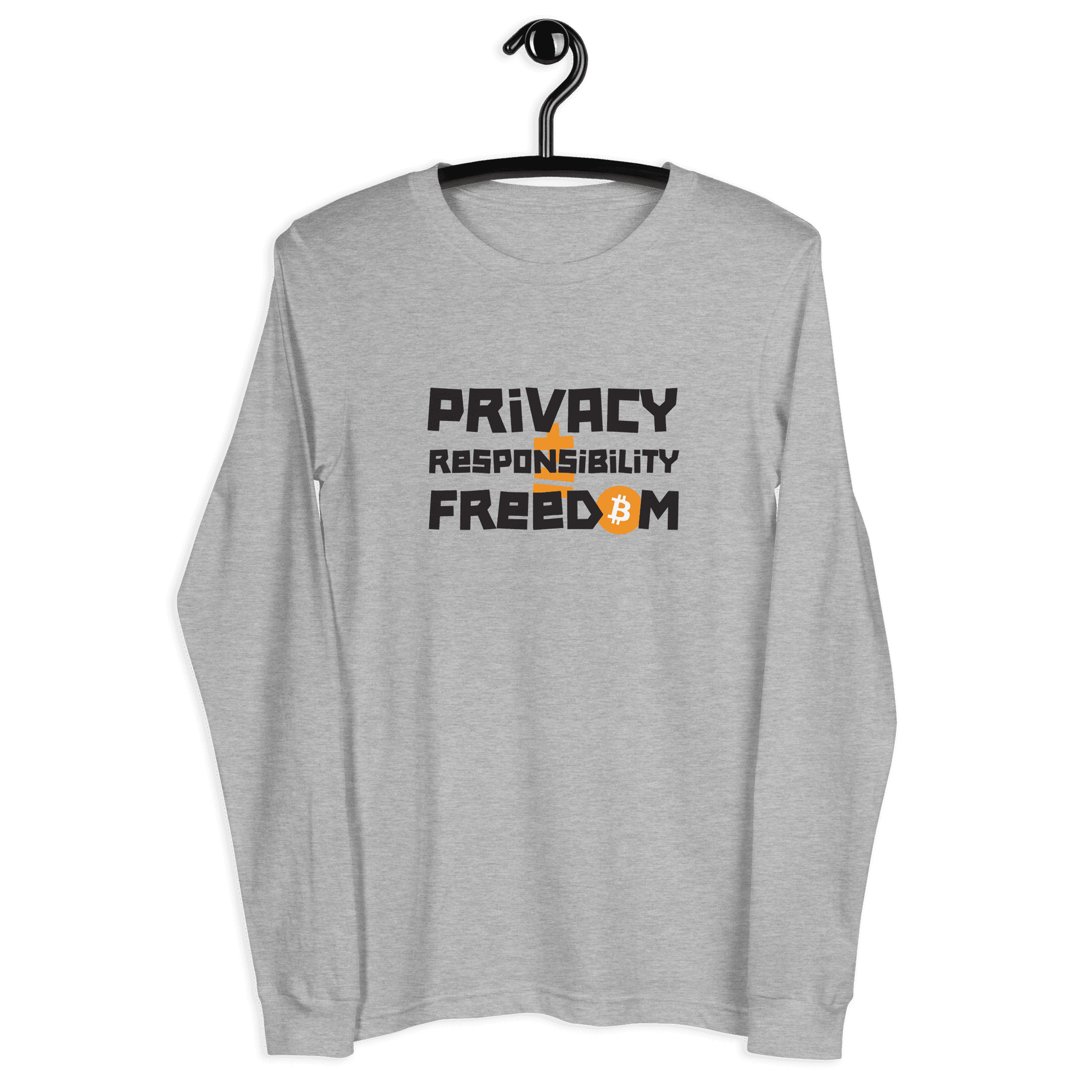 Front view of a athletic heather colored bitcoin long sleeve tee.