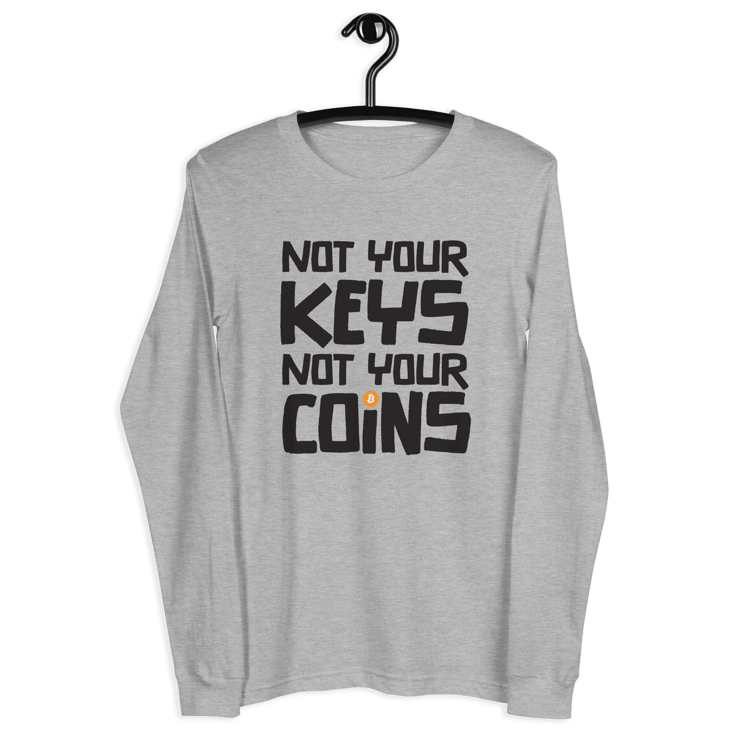 Front view of a athletic heather colored bitcoin long sleeve tee.