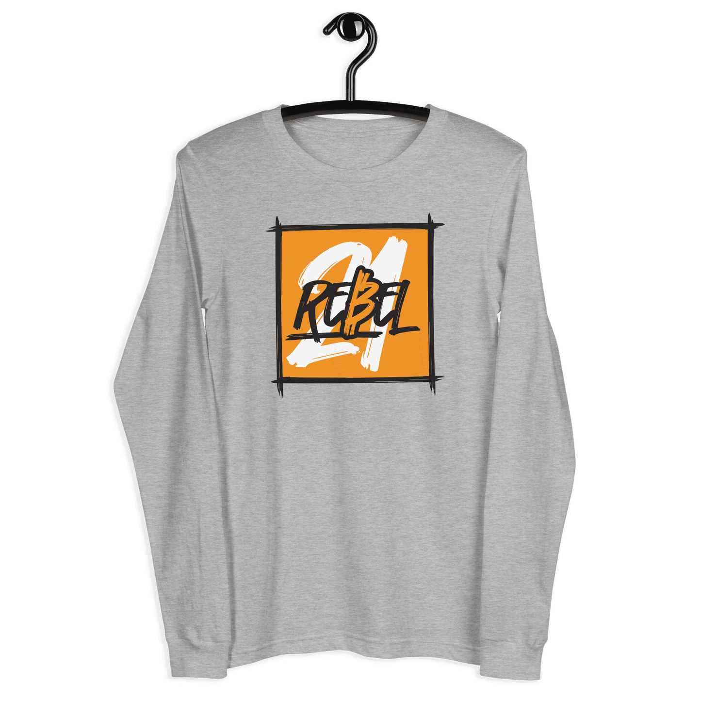 Front view of a athletic heather colored bitcoin long sleeve tee.