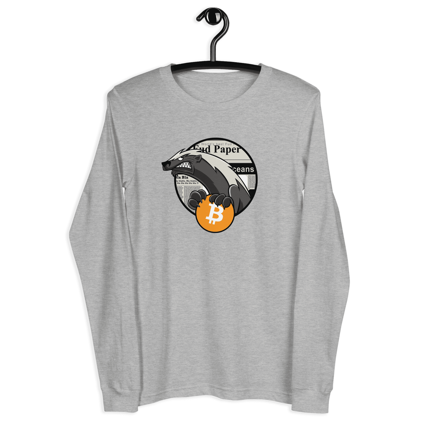Front view of a athletic heather colored bitcoin long sleeve tee.