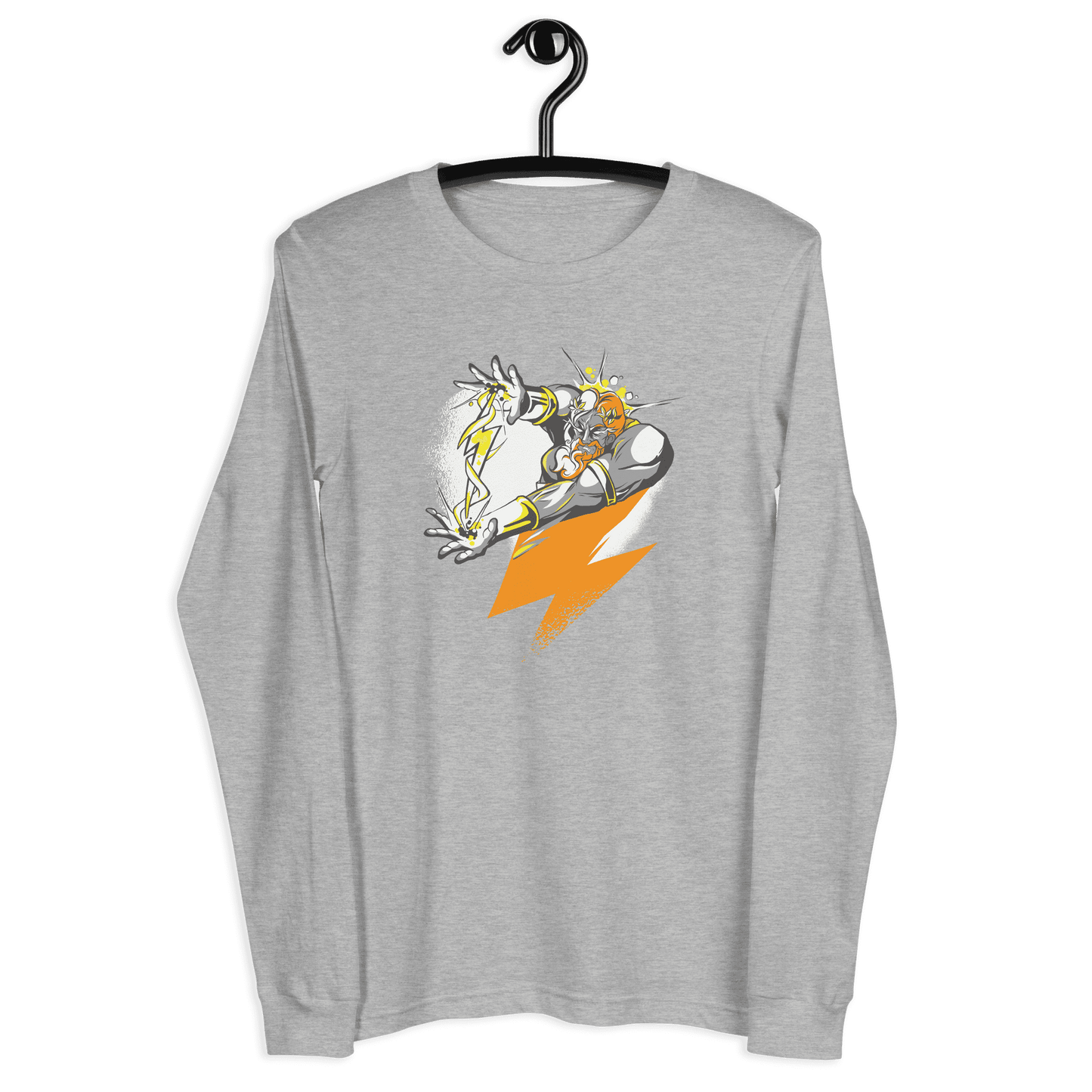 Front view of a athletic heather colored bitcoin long sleeve tee.