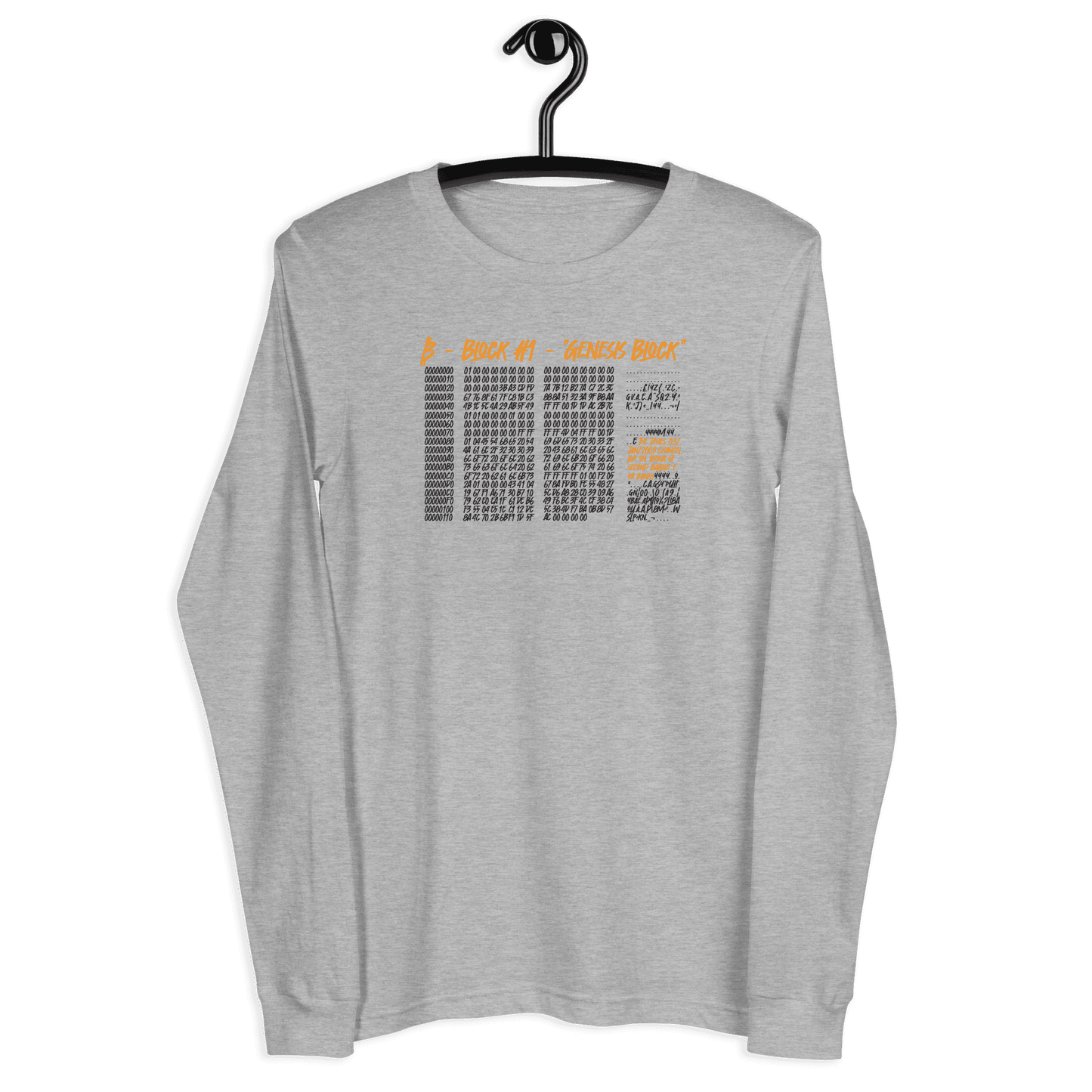 Front view of a athlethic heather colored bitcoin long sleeve tee.