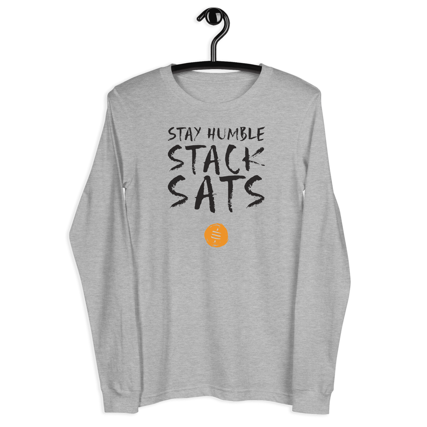 Front view of a athletic heather colored bitcoin long sleeve tee.