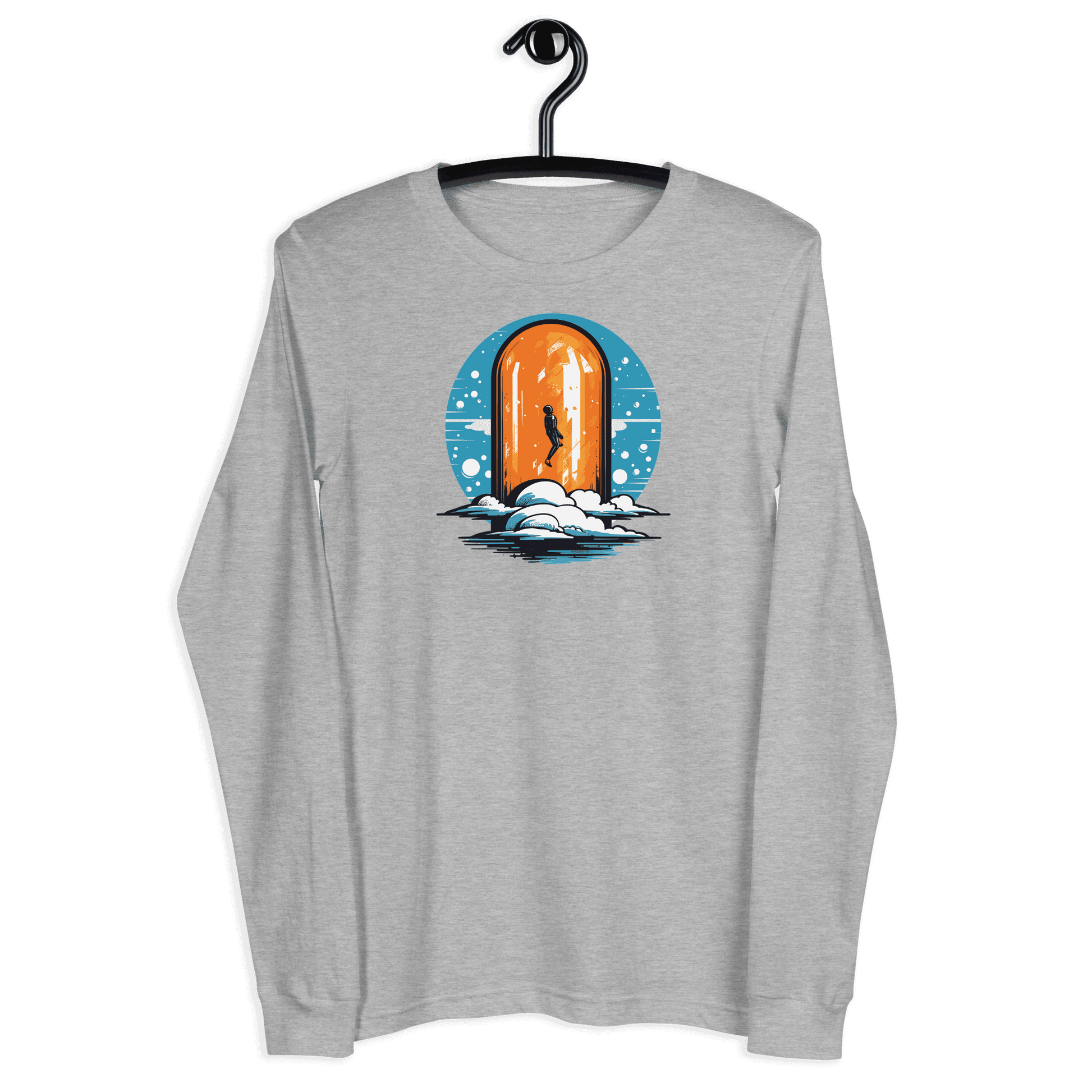 Front view of a athlethic heather colored bitcoin long sleeve tee.