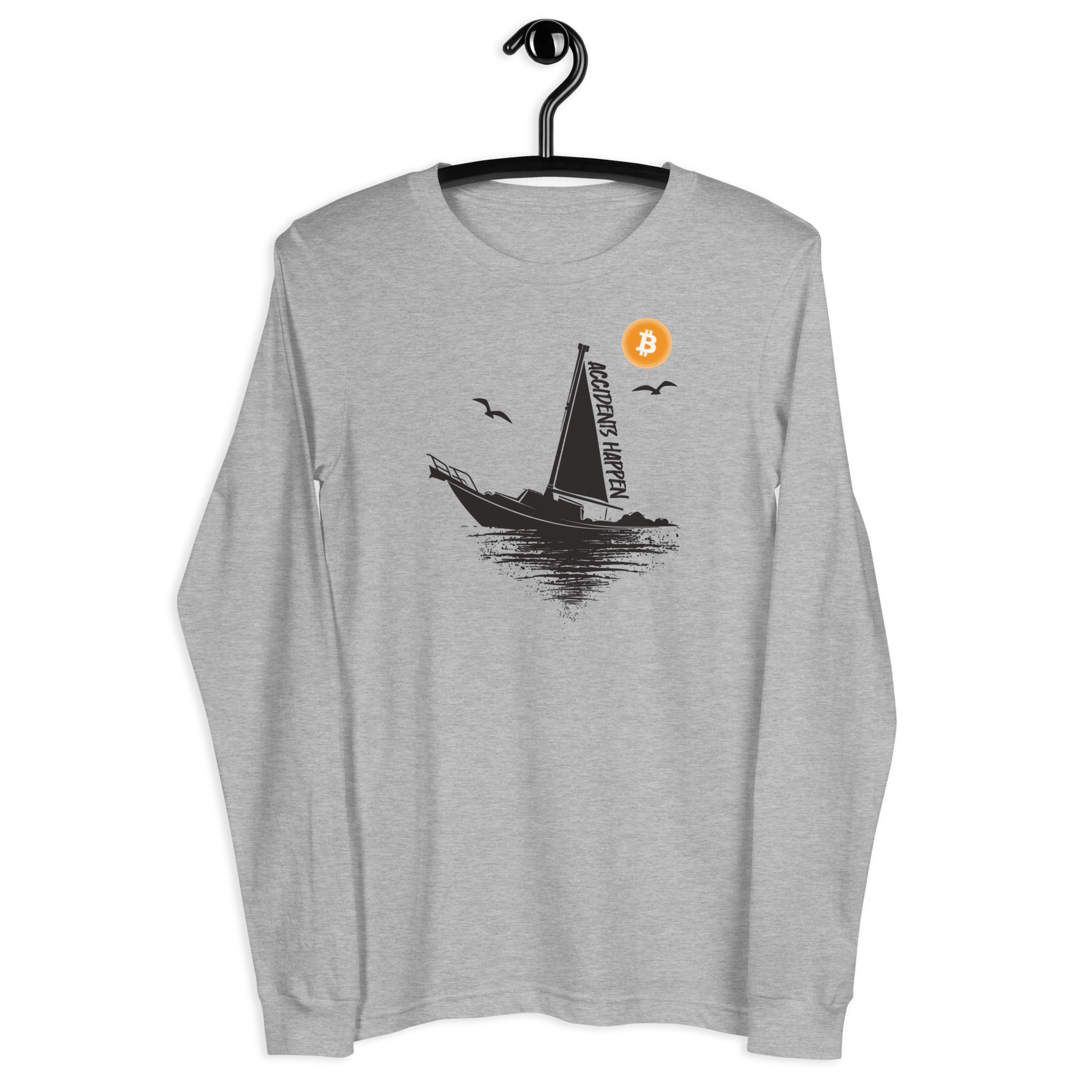 Front view of an athletic heather bitcoin long sleeve tee.