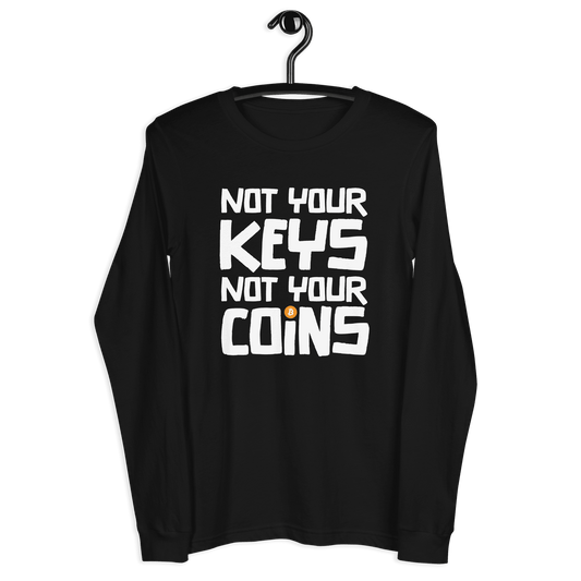 Front view of a black bitcoin long sleeve tee.