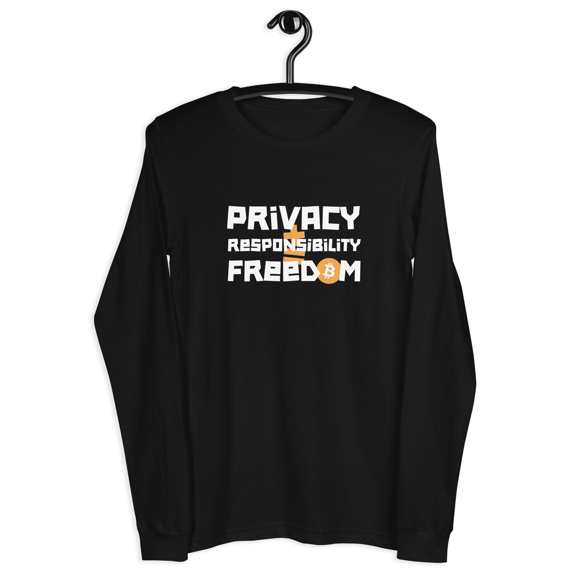 Front view of a black bitcoin long sleeve tee.