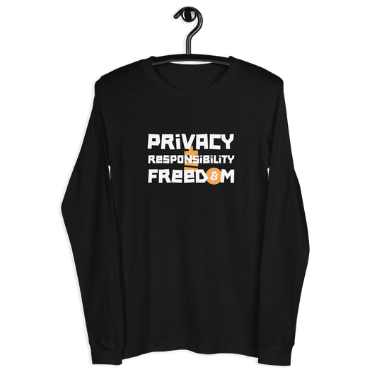 Front view of a black bitcoin long sleeve tee.