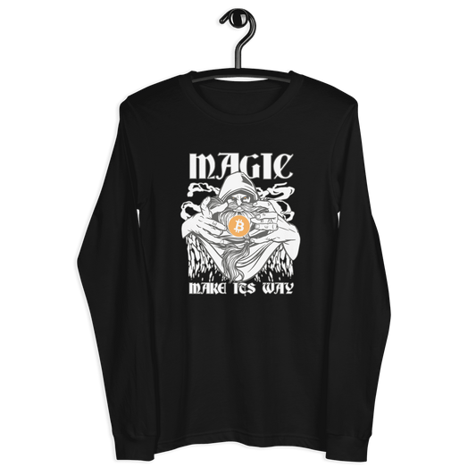 Front view of a black bitcoin long sleeve tee.