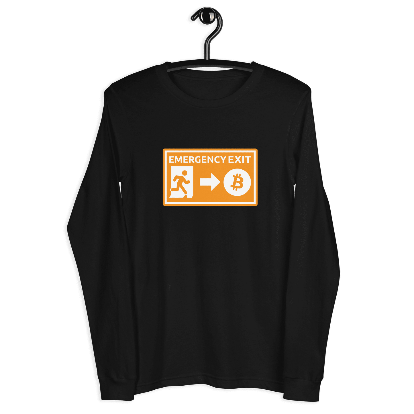 Front view of a black bitcoin long sleeve tee.