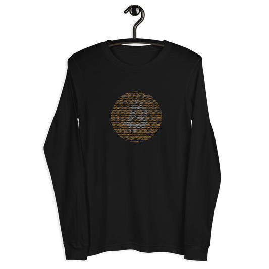 Front view of a black bitcoin long sleeve tee.