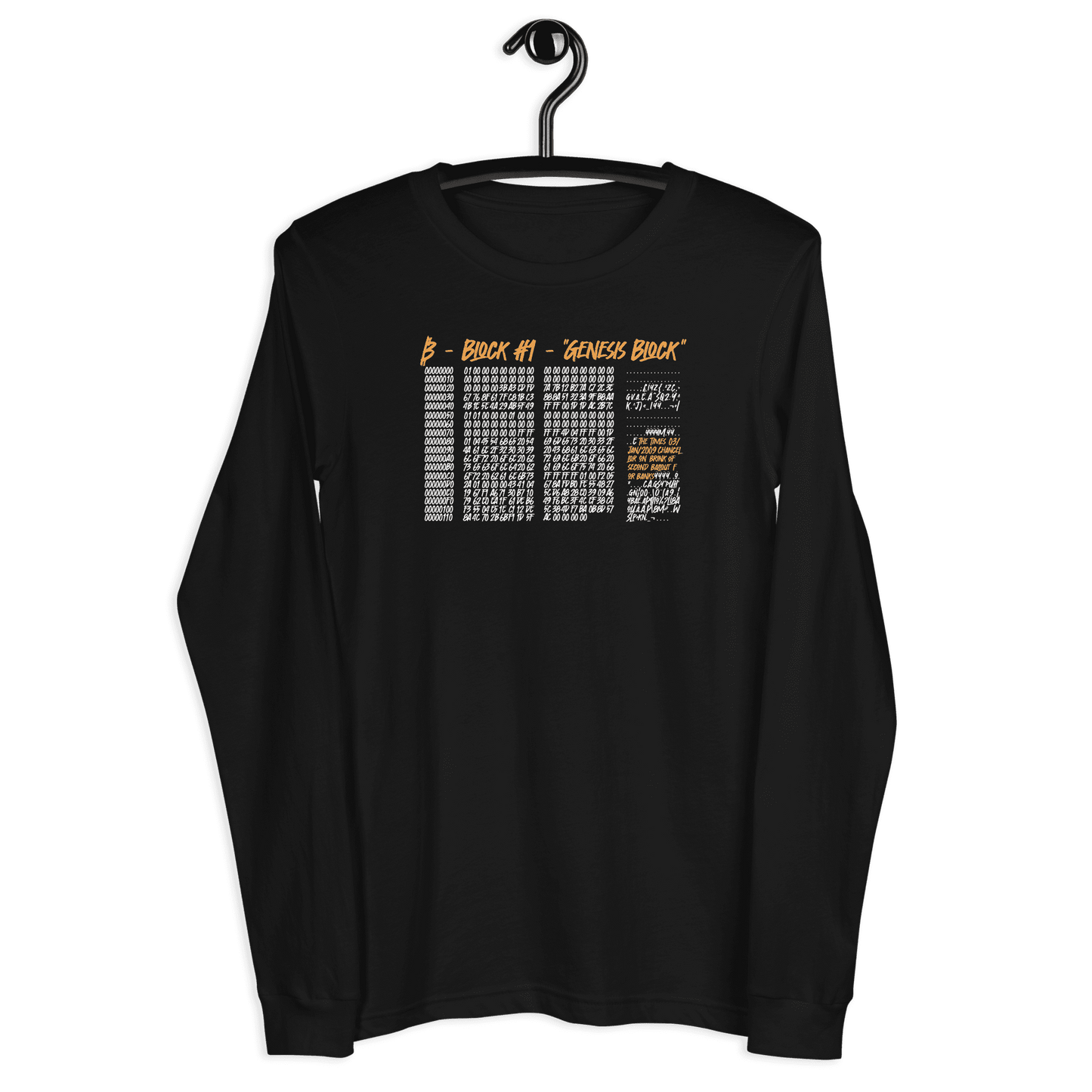 Front view of a black bitcoin long sleeve tee.