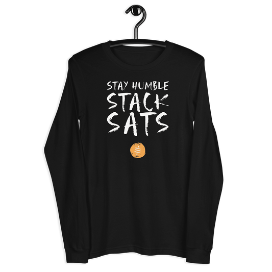 Front view of a black bitcoin long sleeve tee.