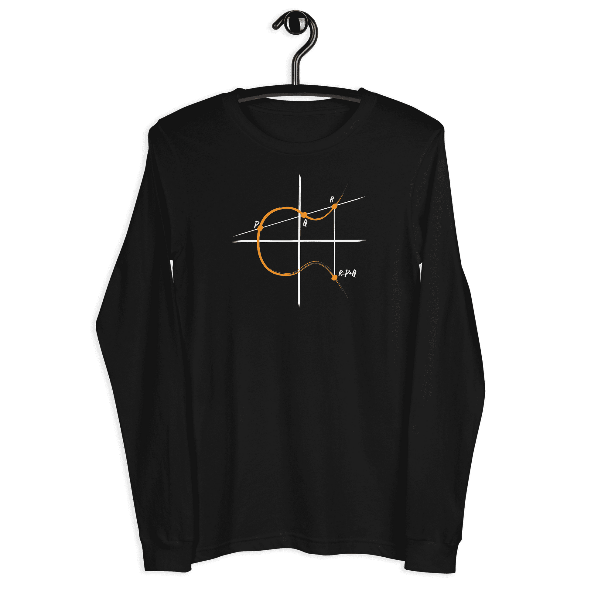 Front view of a black bitcoin long sleeve tee.