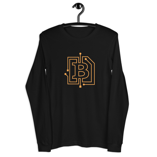 Front view of a black bitcoin long sleeve tee.