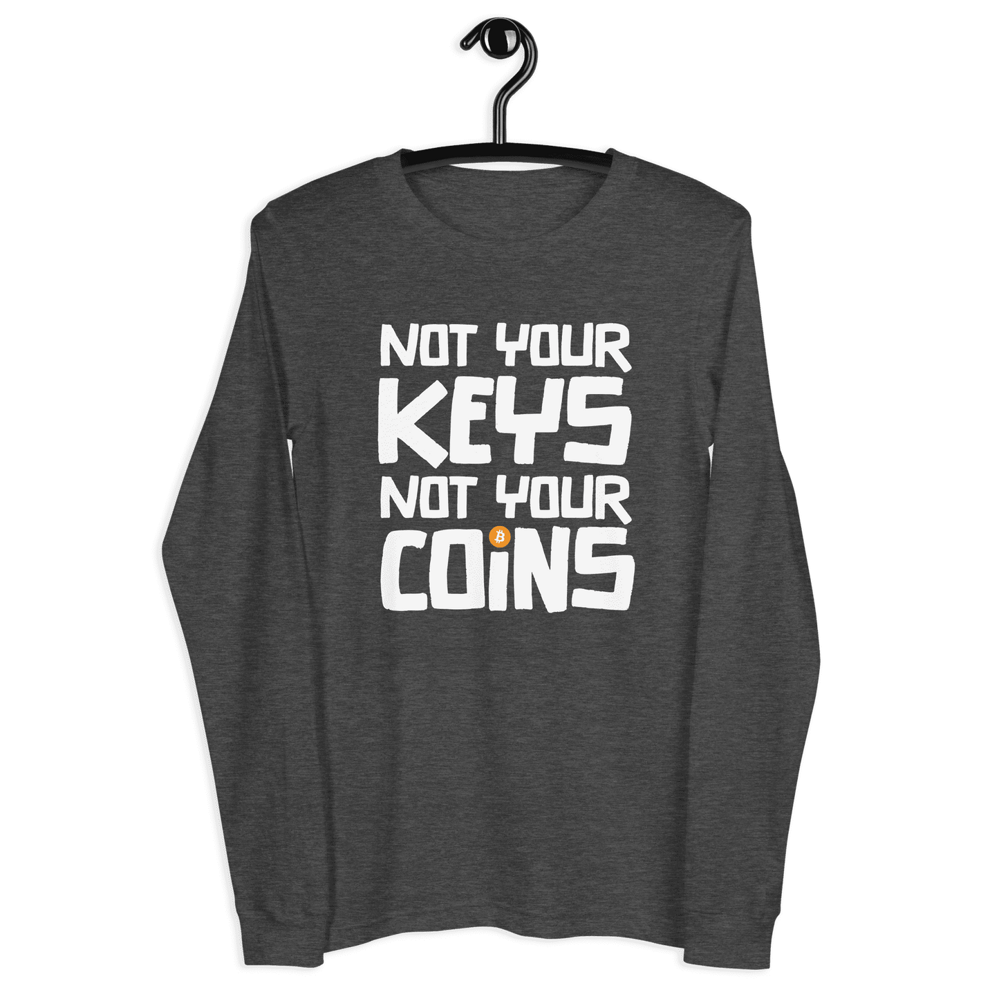 Front view of a dark grey heather bitcoin long sleeve tee.