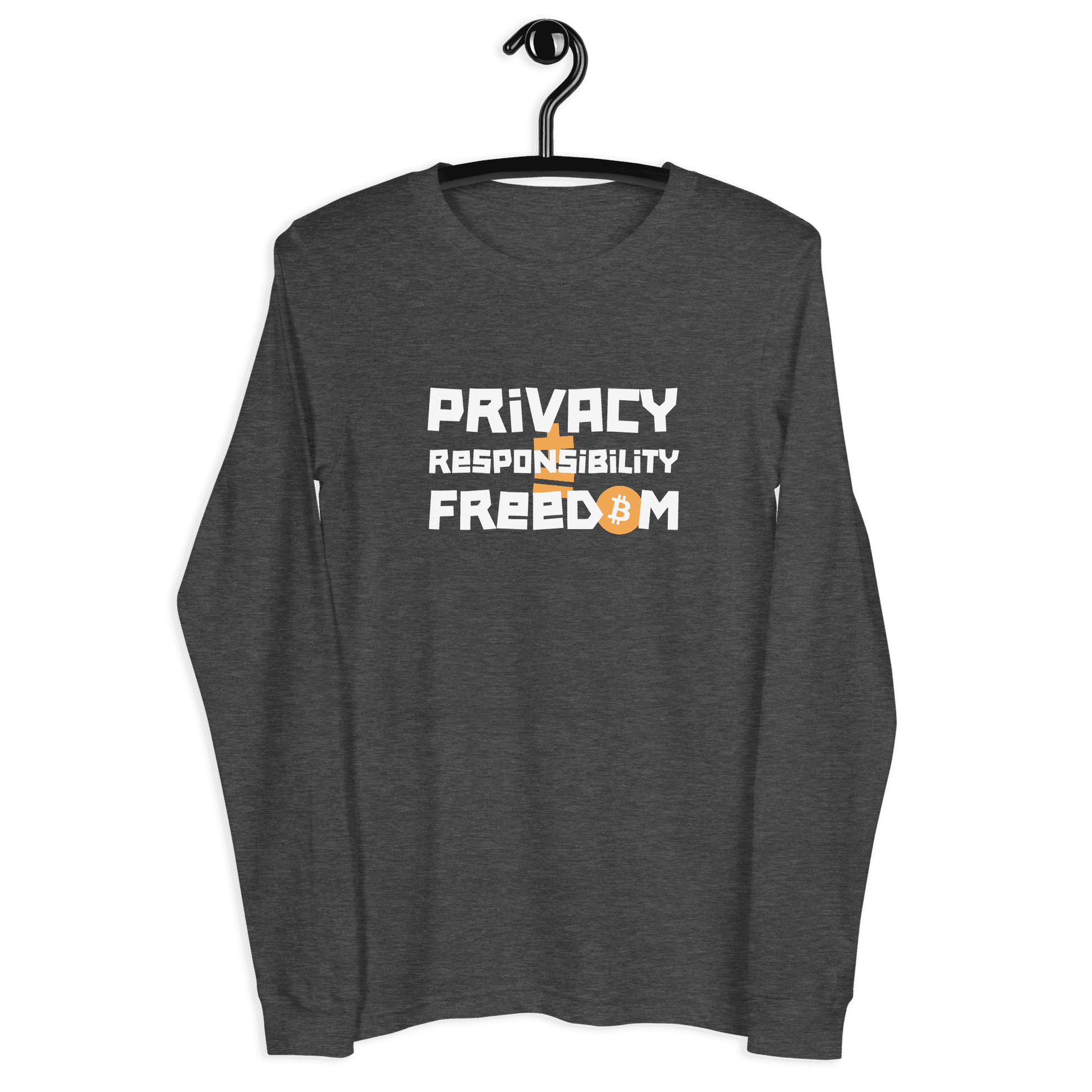 Front view of a dark grey heather bitcoin long sleeve tee.