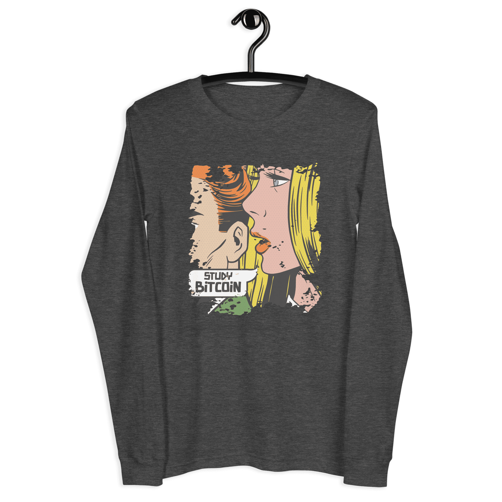 Front view of a dark grey heather bitcoin long sleeve tee.