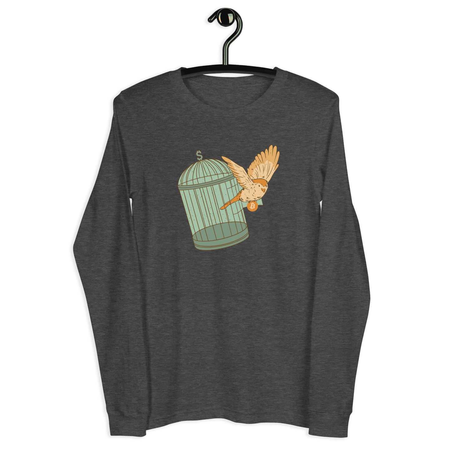 Front view of a dark grey heather bitcoin long sleeve tee.