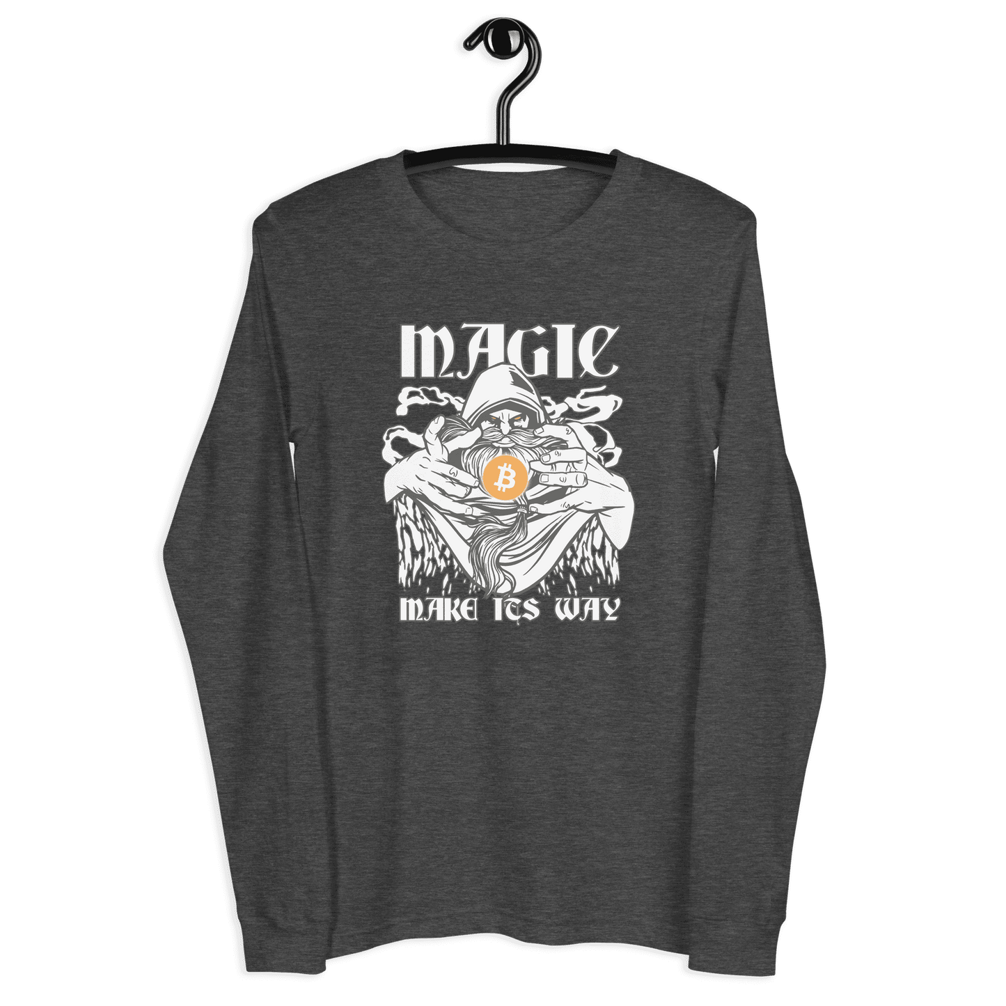 Front view of a dark grey heather bitcoin long sleeve tee.