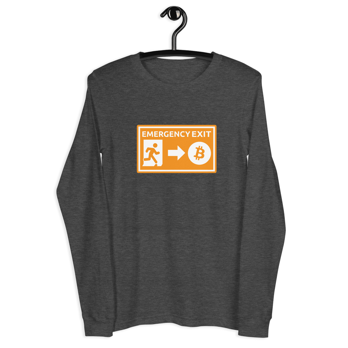 Front view of a dark grey heather bitcoin long sleeve tee.
