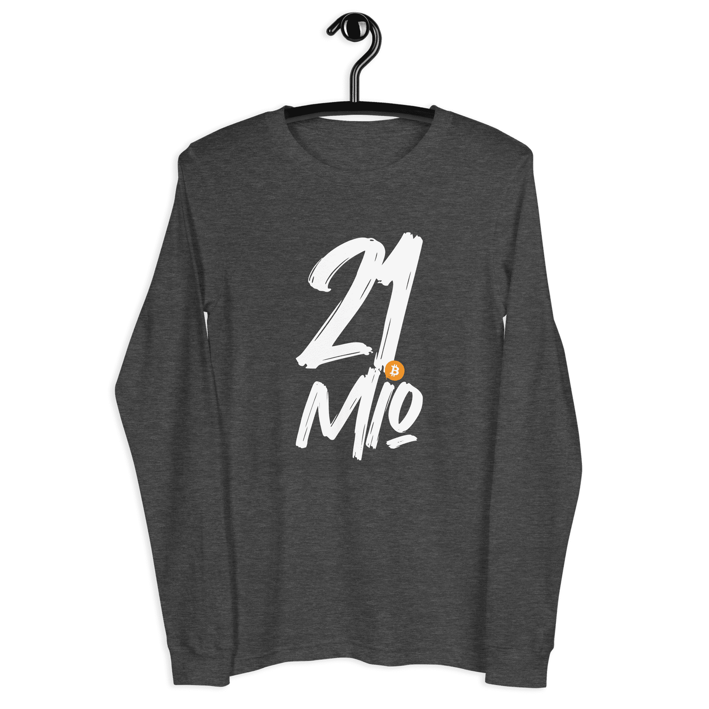 Front view of a dark grey heather bitcoin long sleeve tee.