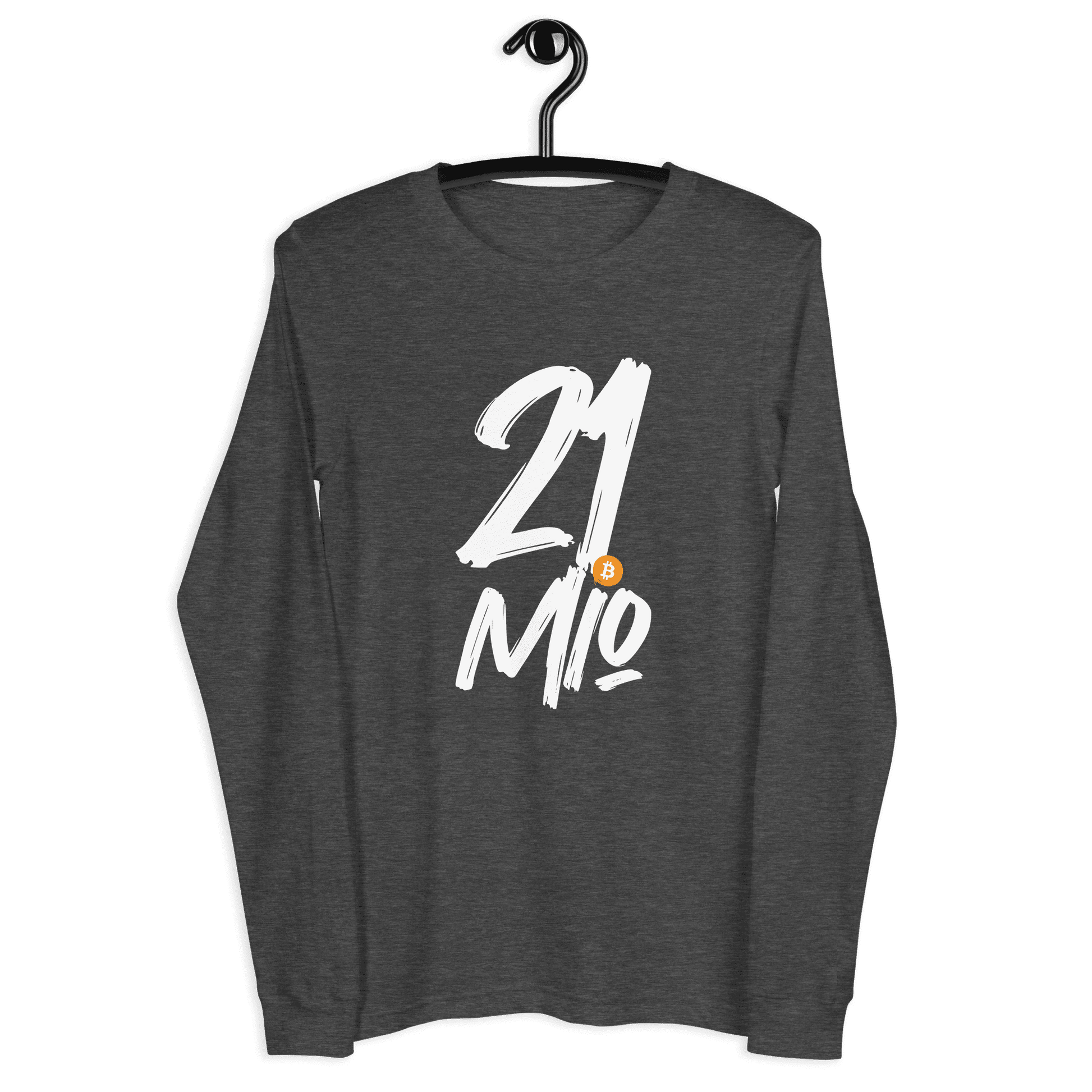 Front view of a dark grey heather bitcoin long sleeve tee.