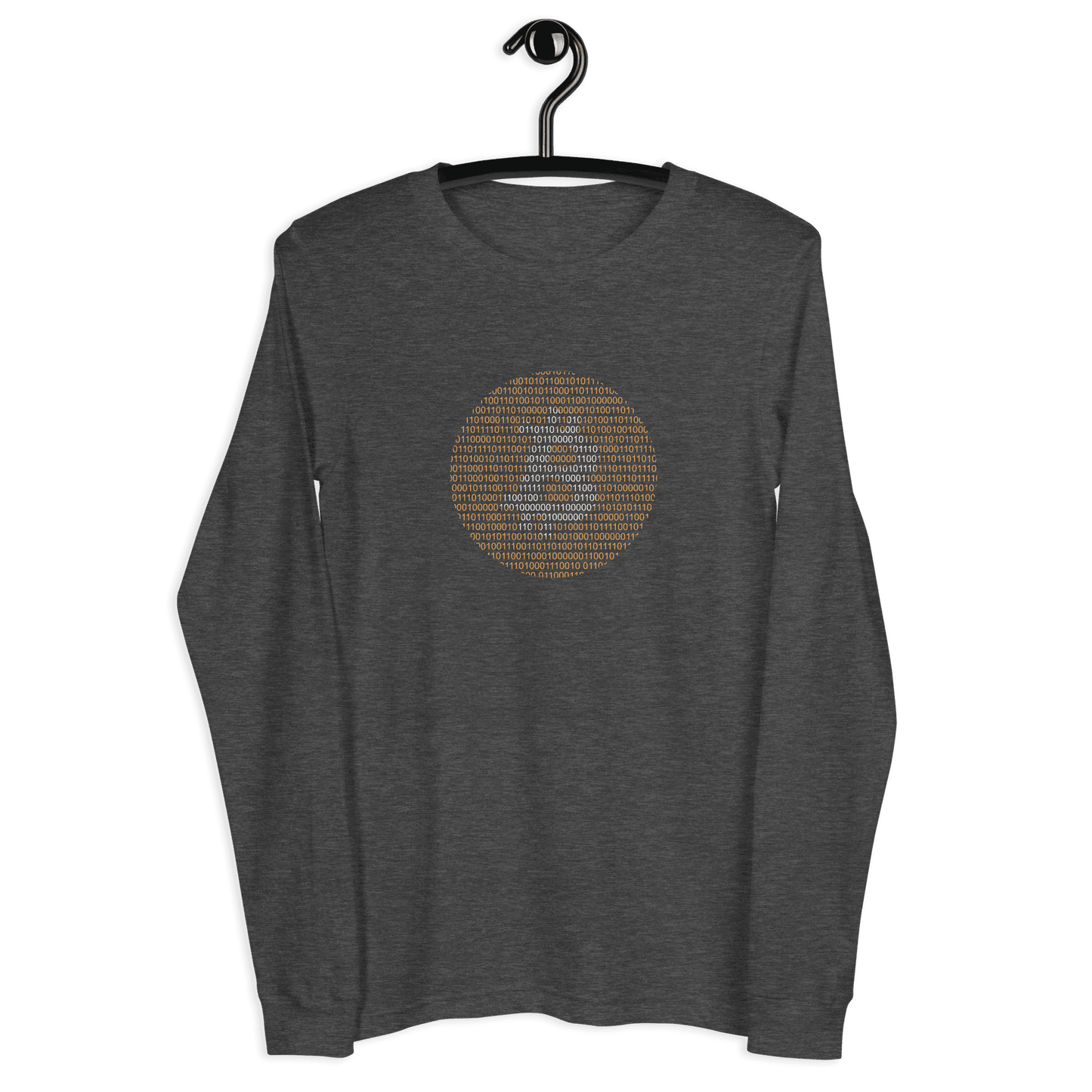 Front view of a dark grey heather bitcoin long sleeve tee.
