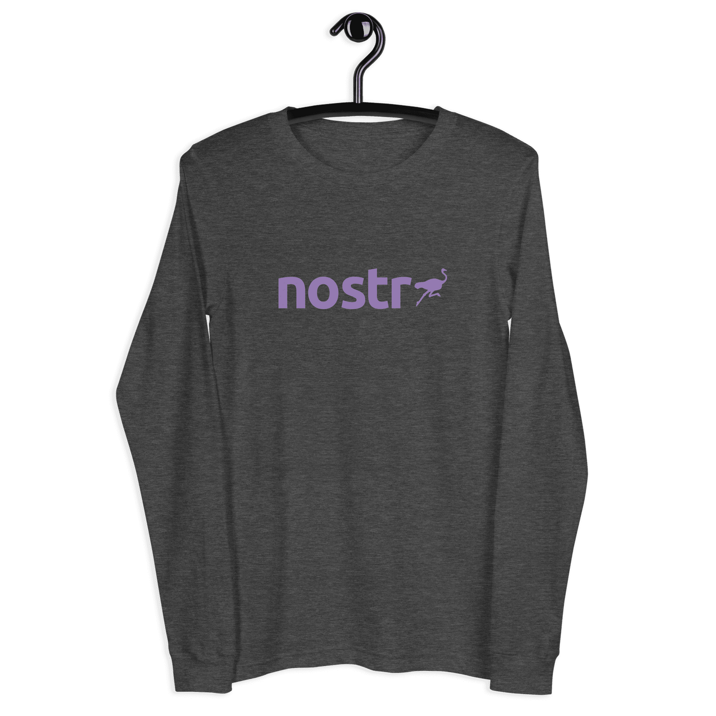 Front view of a dark heather grey nostr long sleeve tee.