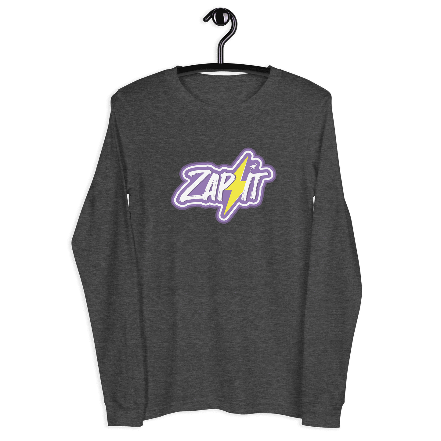 Front view of a dark heather grey nostr long sleeve tee.