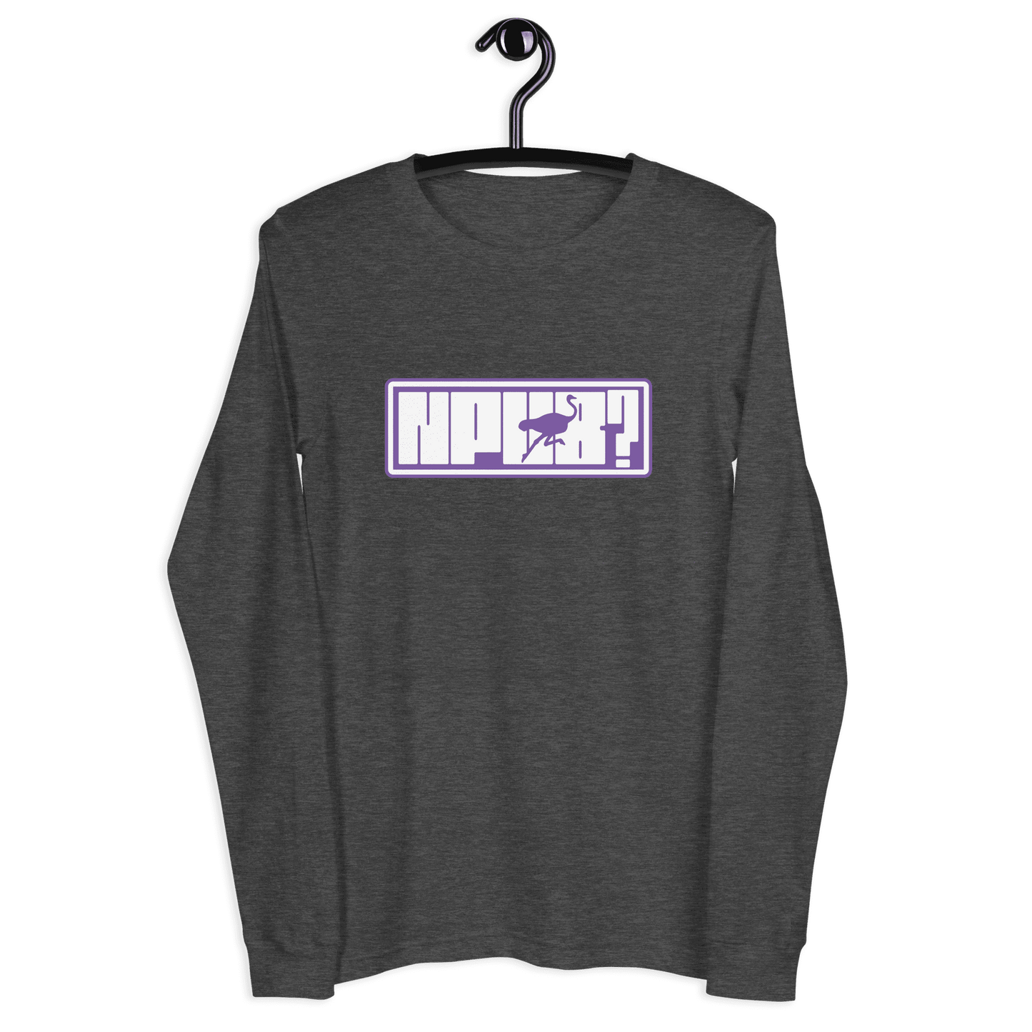 Front view of a dark heather grey nostr long sleeve tee.