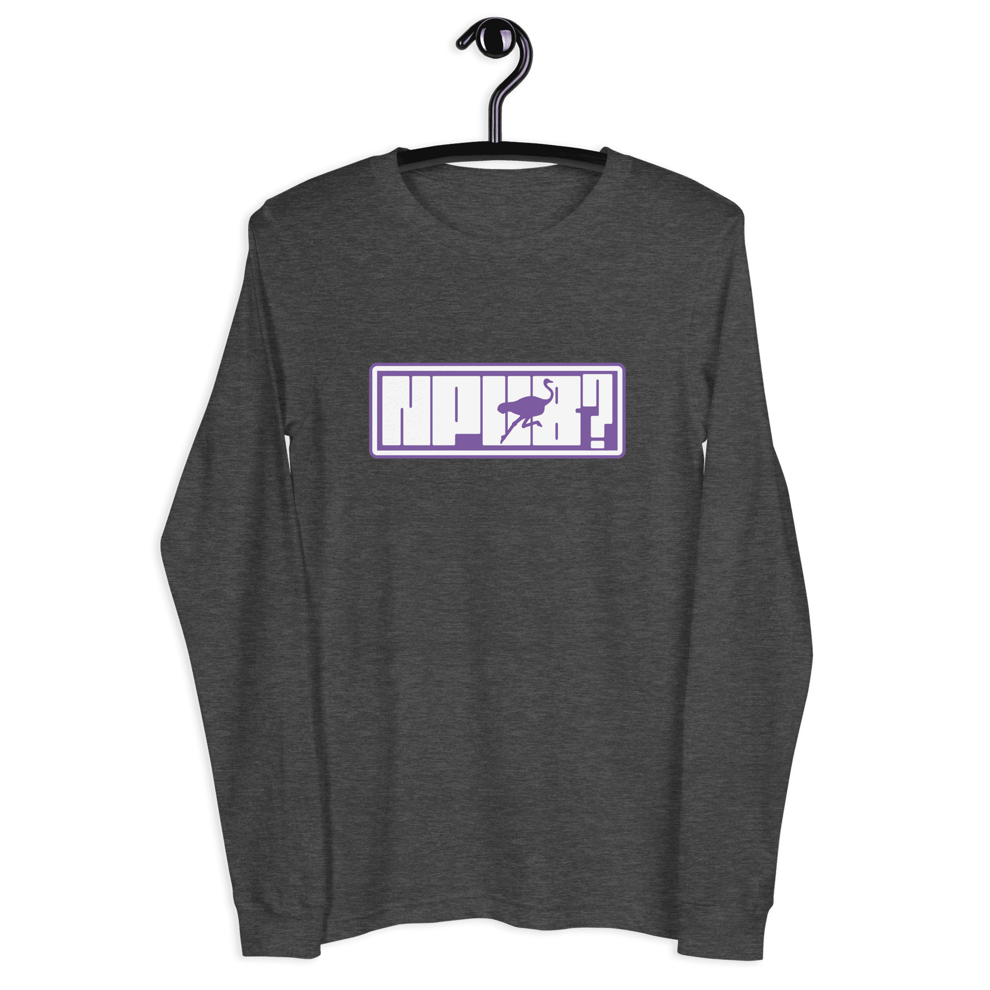 Front view of a dark heather grey nostr long sleeve tee.