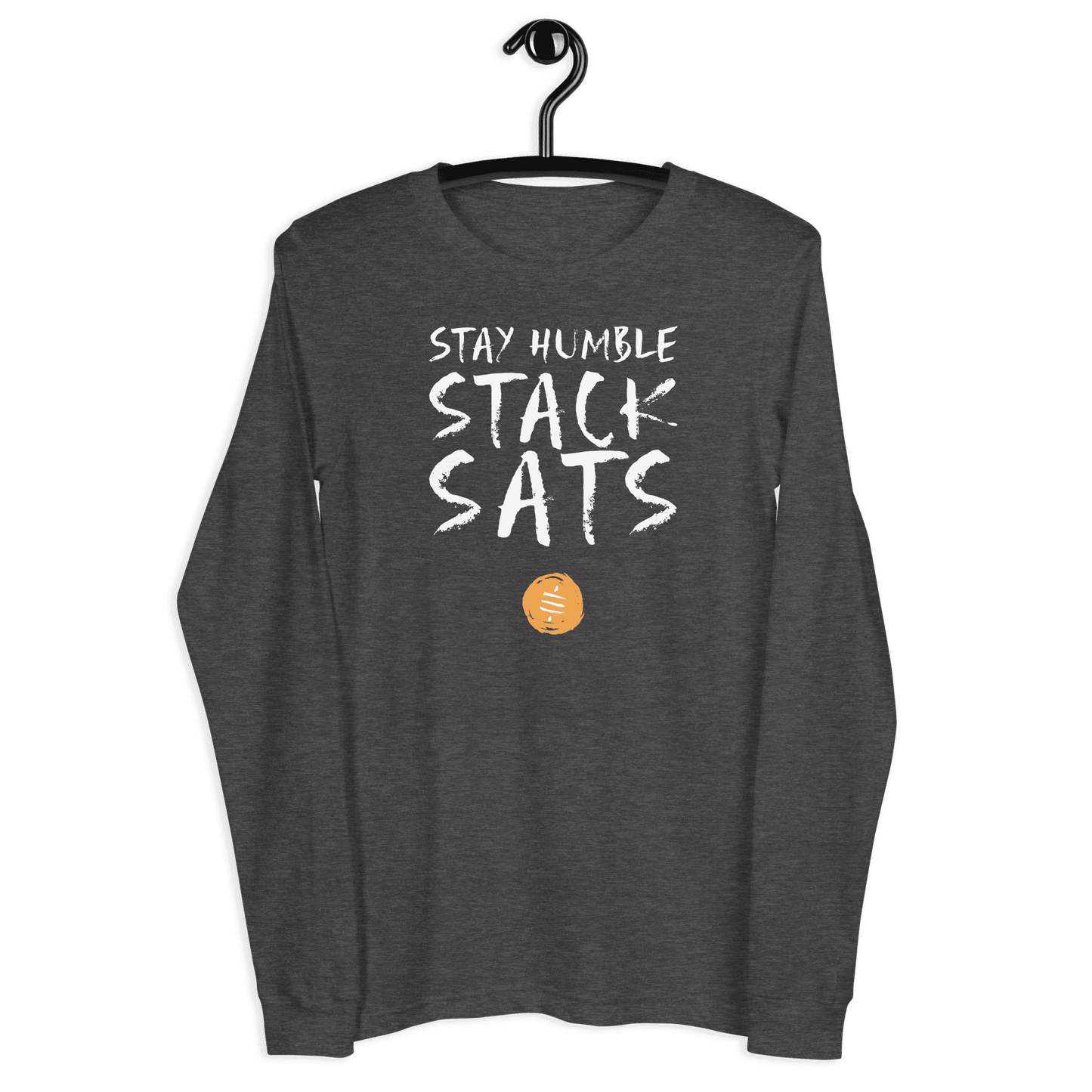 Front view of a dark grey heather bitcoin long sleeve tee.