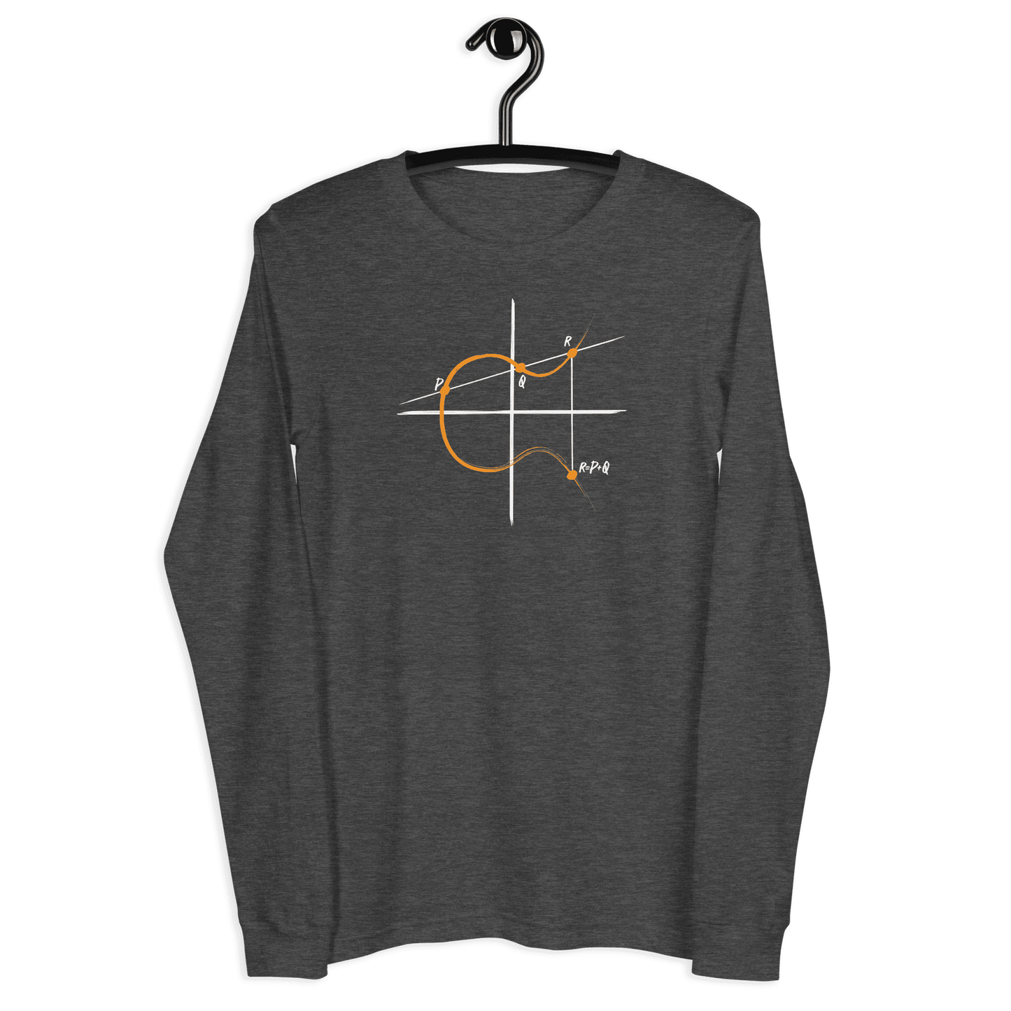 Front view of a dark grey heather bitcoin long sleeve tee.
