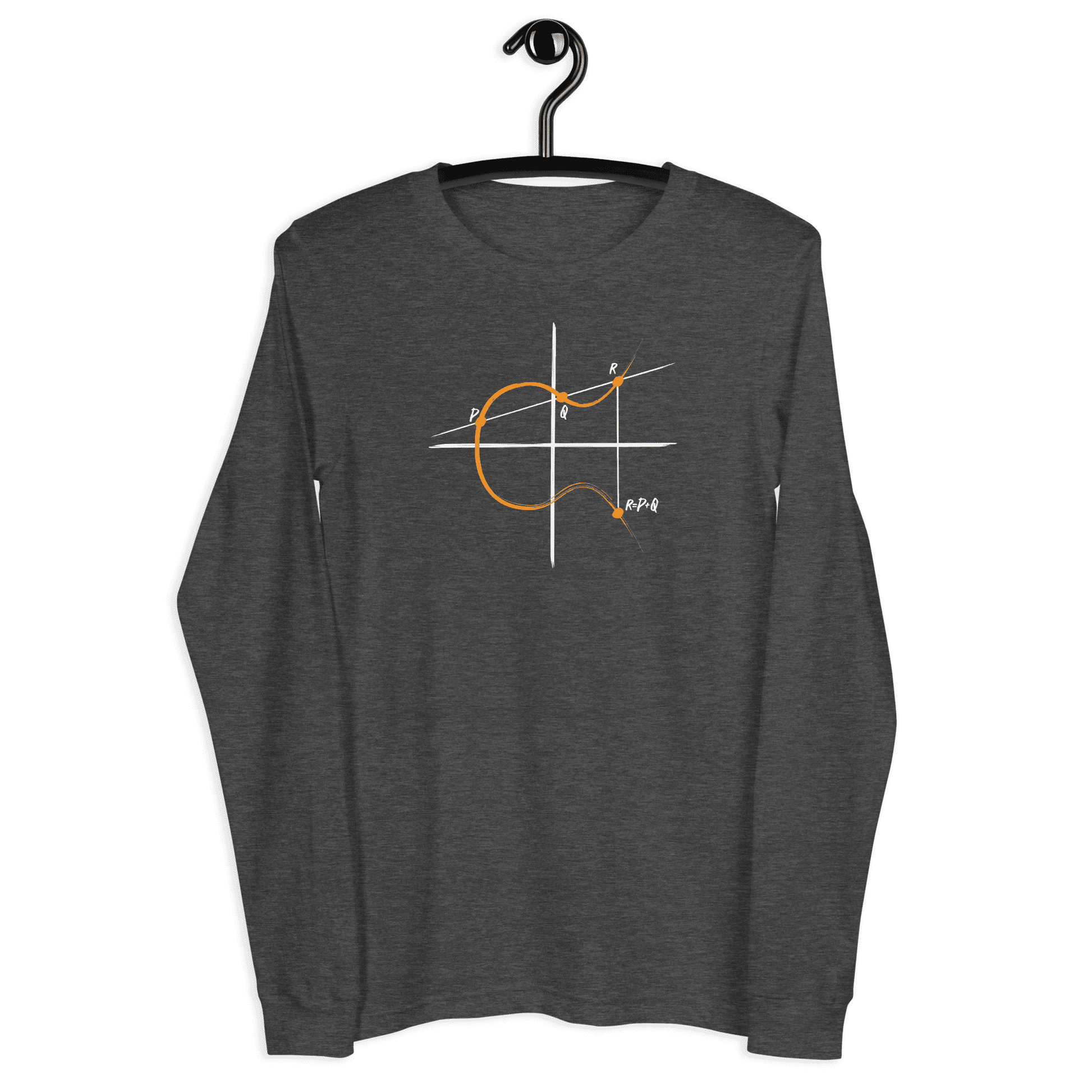 Front view of a dark grey heather bitcoin long sleeve tee.