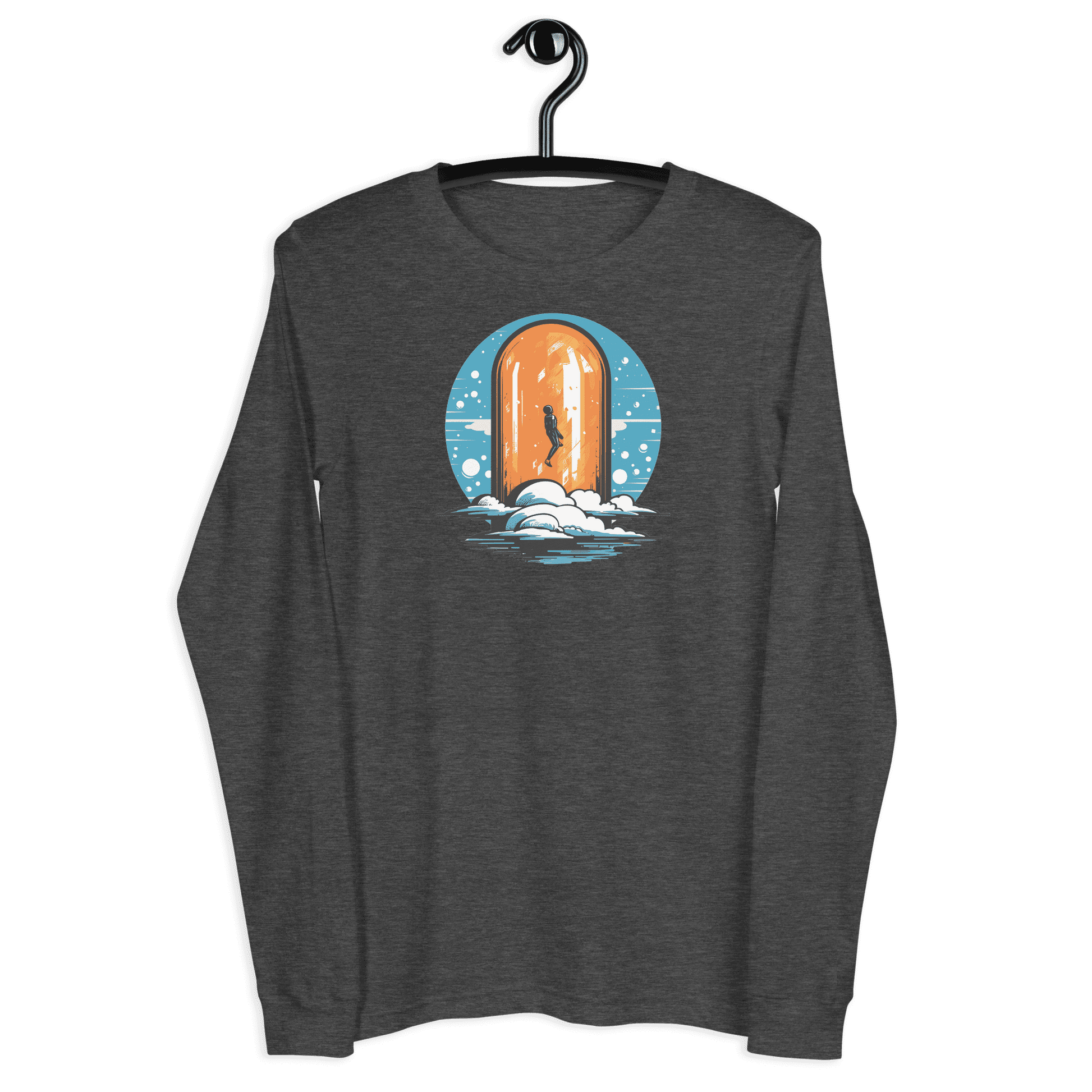 Front view of a dark grey heather bitcoin long sleeve tee.