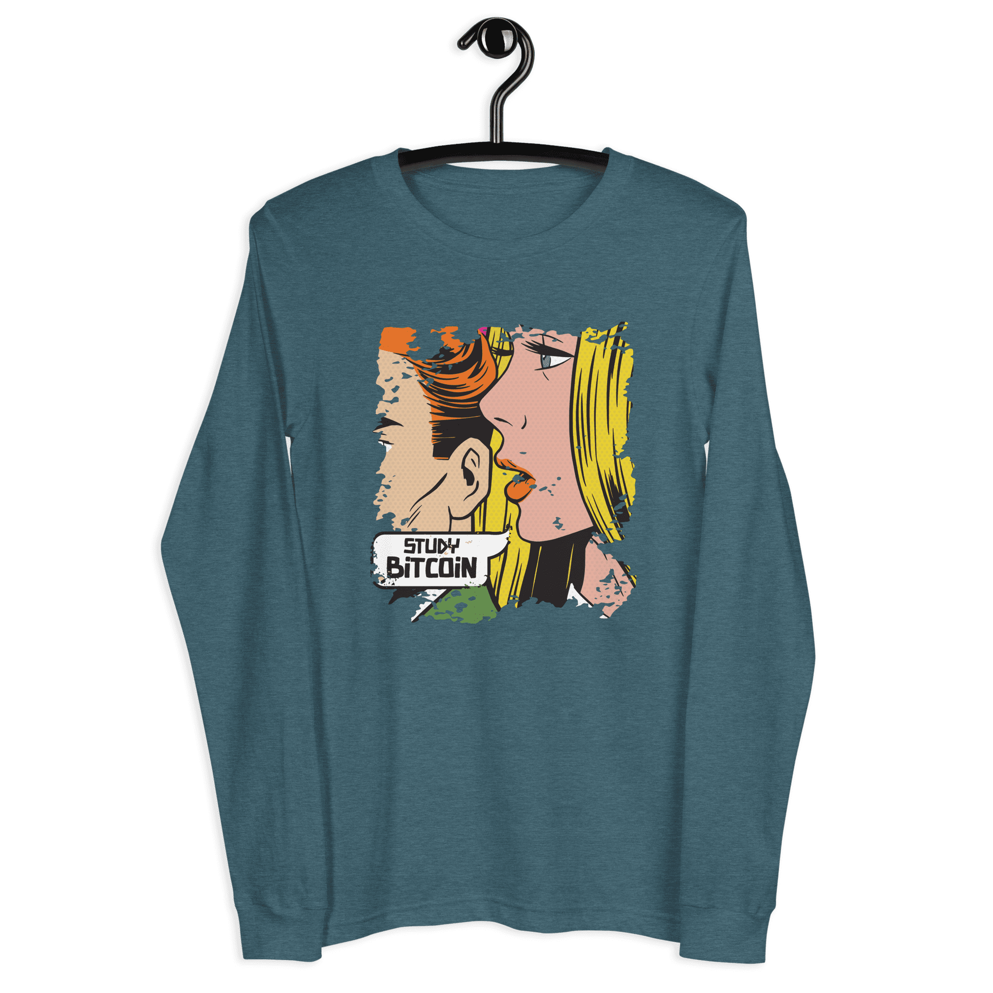 Front view of a heather deep teal colored bitcoin long sleeve tee.