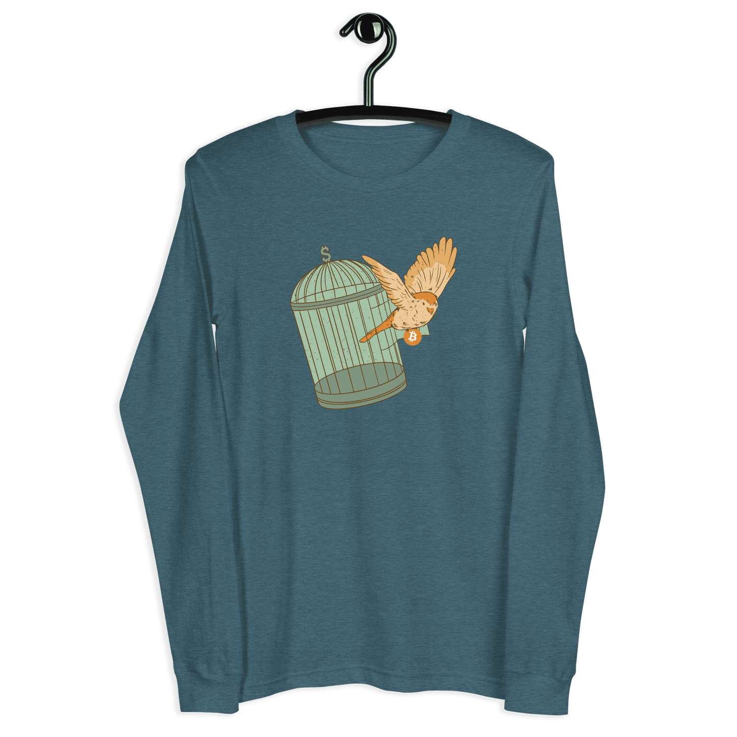 Front view of a heather deep teal colored bitcoin long sleeve tee.