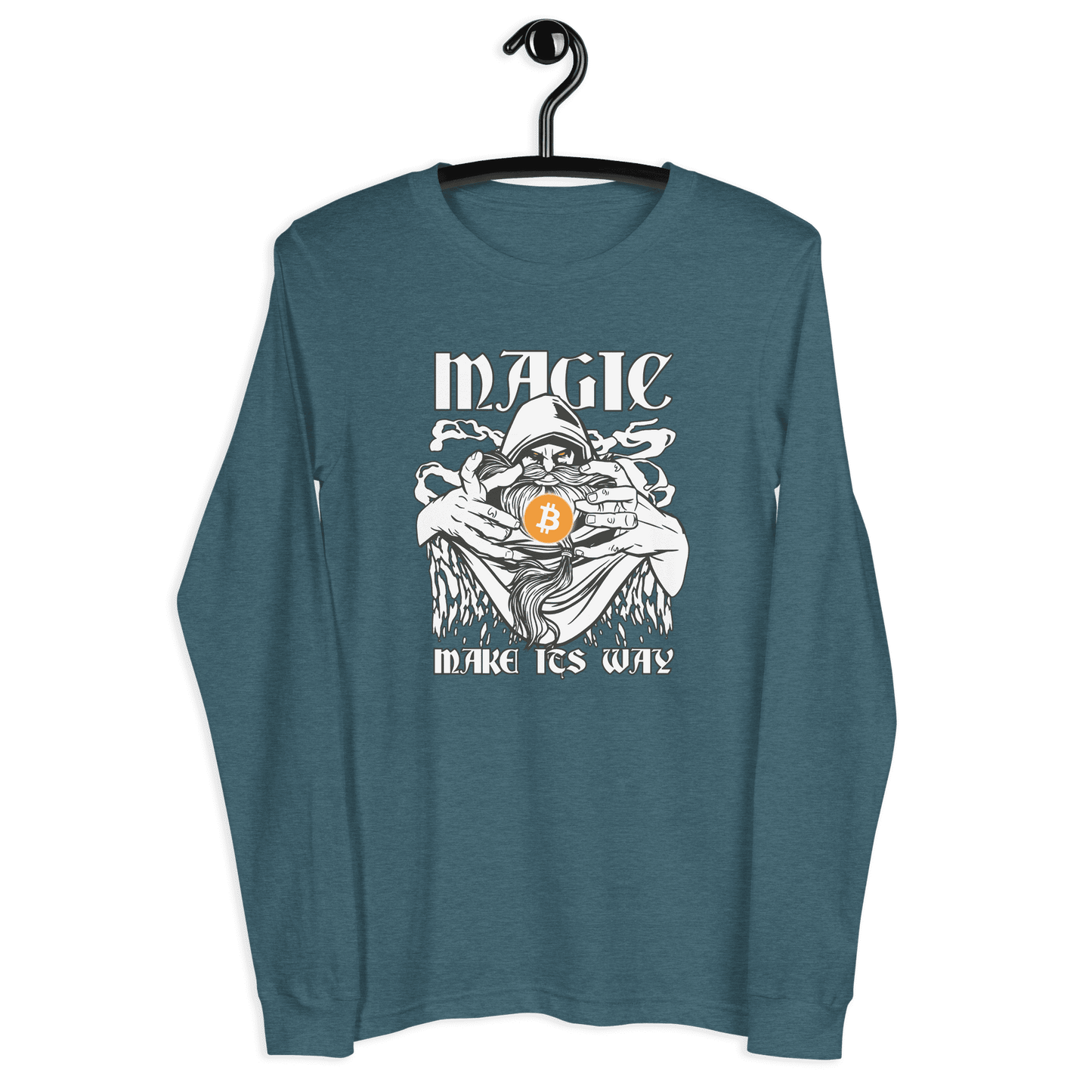 Front view of a heather deep teal colored bitcoin long sleeve tee.