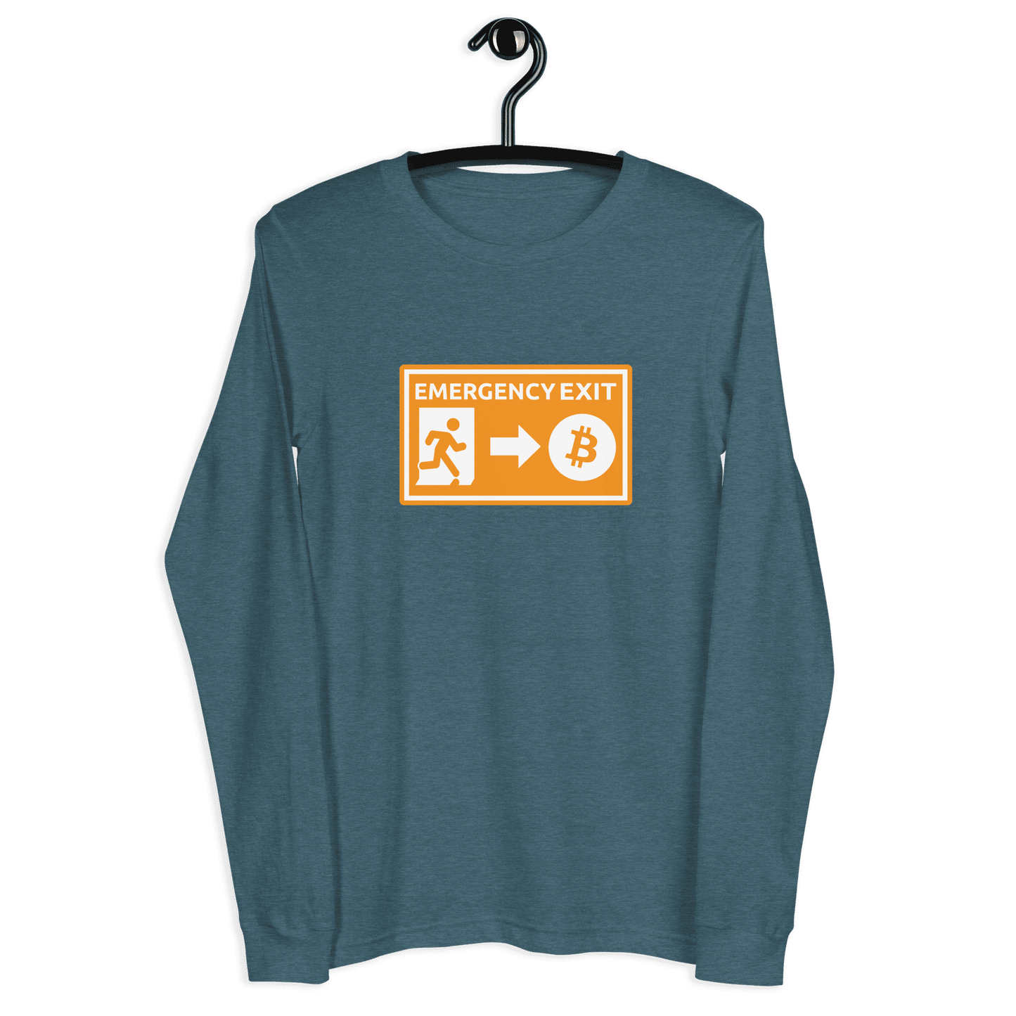 Front view of a heather deep teal colored bitcoin long sleeve tee.