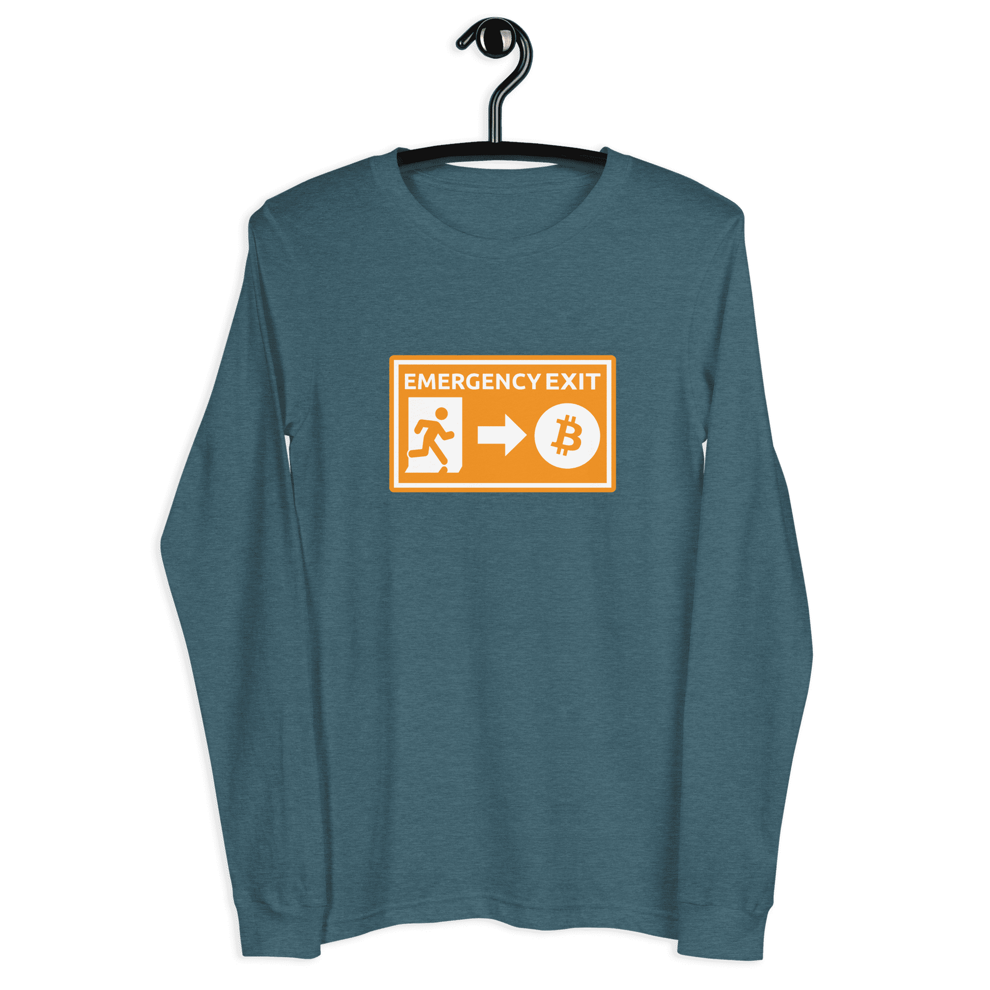 Front view of a heather deep teal colored bitcoin long sleeve tee.