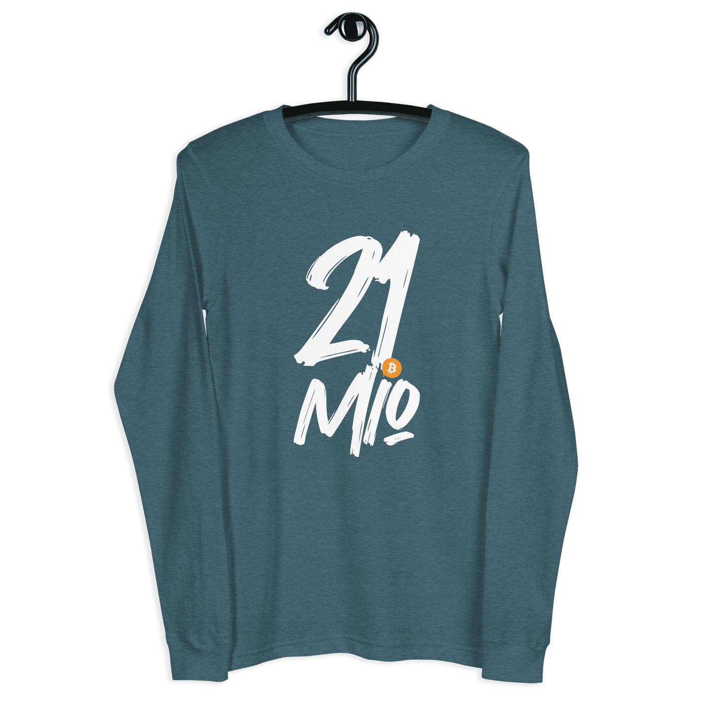 Front view of a heather deep teal colored bitcoin long sleeve tee.