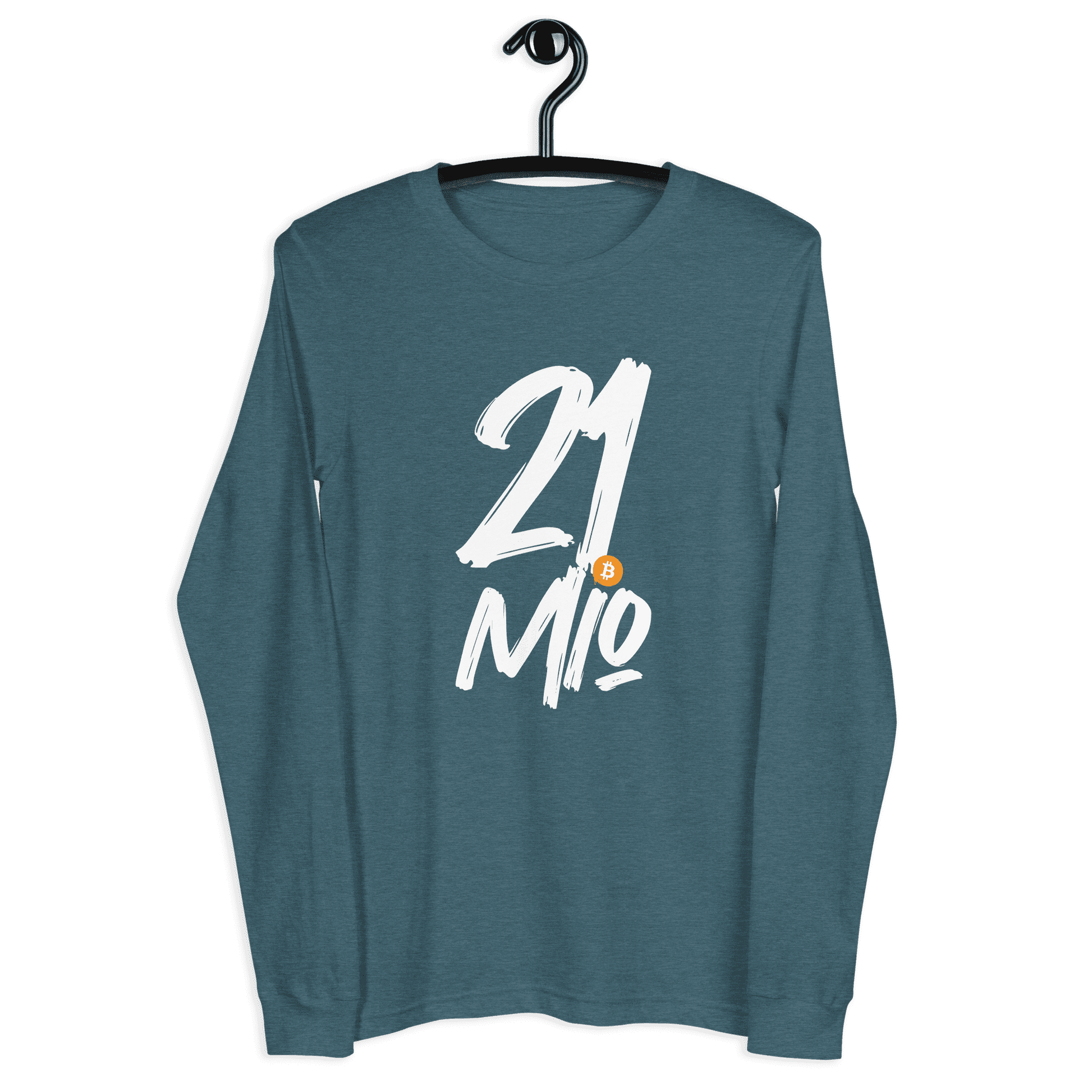 Front view of a heather deep teal colored bitcoin long sleeve tee.