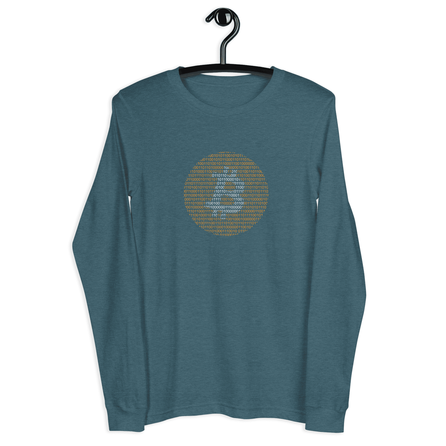 Front view of a heather deep teal colored bitcoin long sleeve tee.